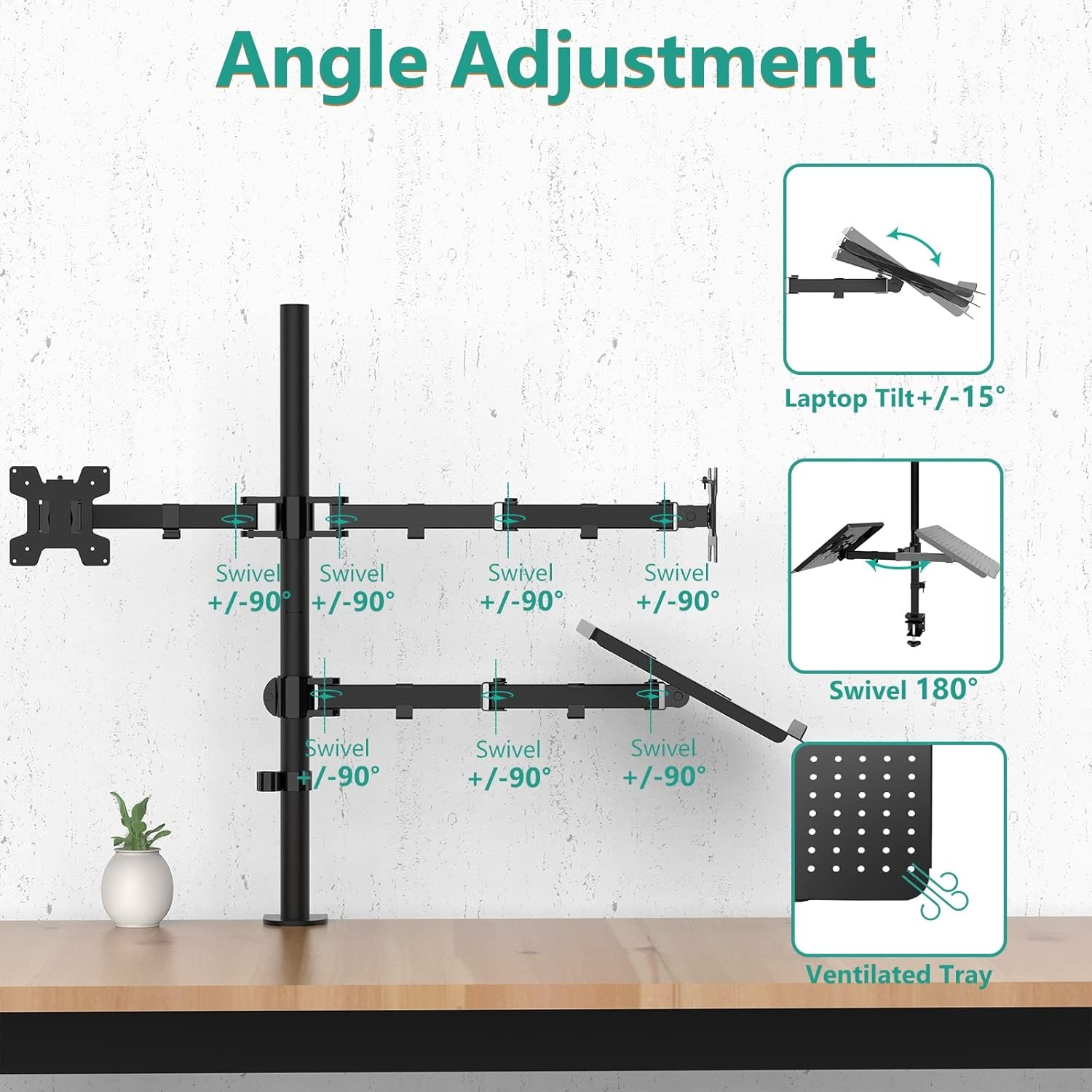 image:imageWALI Triple Arm Laptop and Dual Monitor Desk Mount for 17 Notebook and Up to 27 Screens Extra Tall Adjustable Monitor Stand with Laptop Tray VESA 75x75 100x100 Black M002XLLPWidth 14 Adjustable Desk Mount