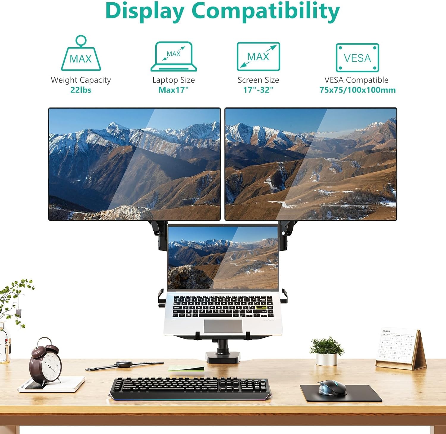 image:imageWALI Triple Arm Laptop and Dual Monitor Desk Mount for 17 Notebook and Up to 27 Screens Extra Tall Adjustable Monitor Stand with Laptop Tray VESA 75x75 100x100 Black M002XLLPWidth 165 Fully Adjustable Desk Mount