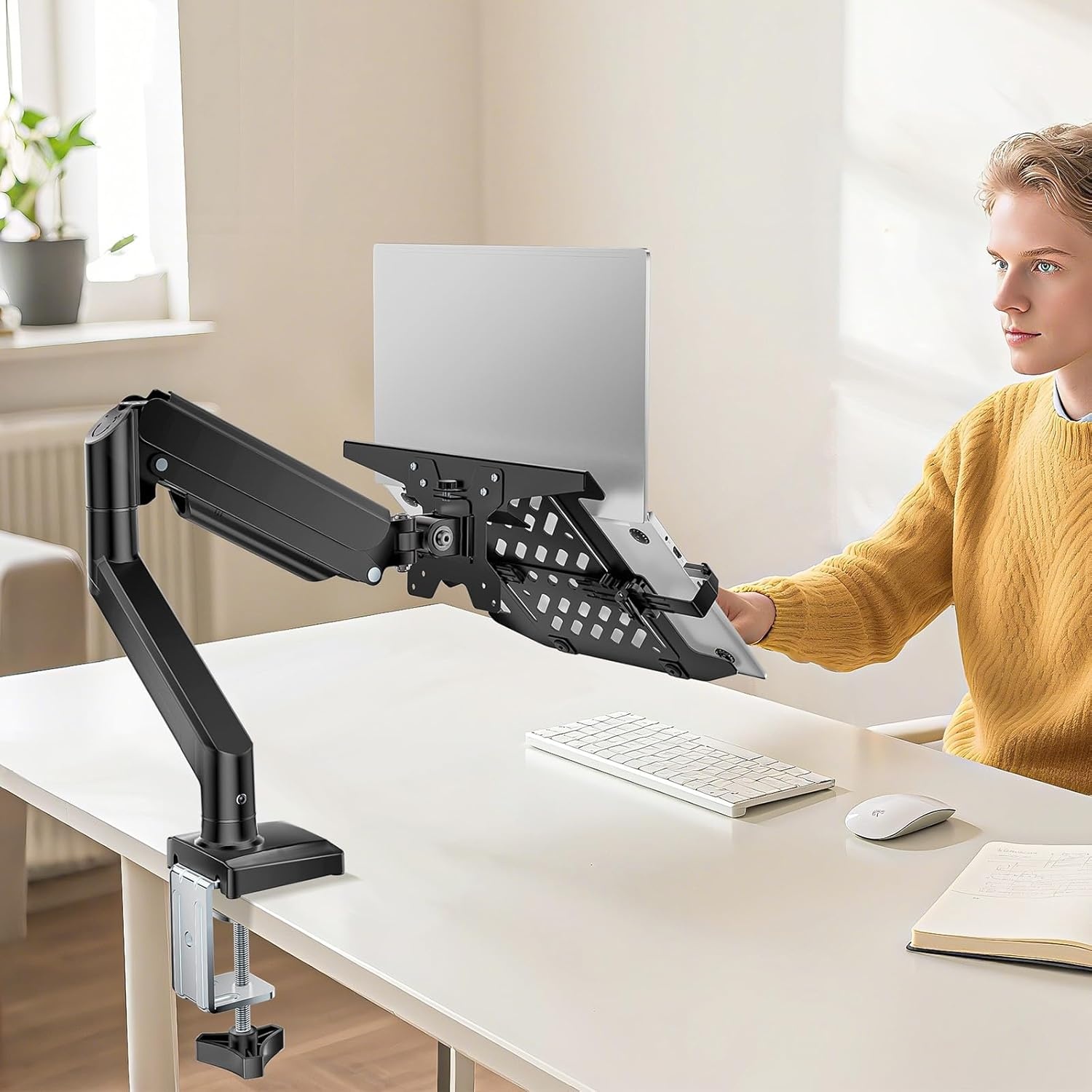 image:imageWALI Triple Arm Laptop and Dual Monitor Desk Mount for 17 Notebook and Up to 27 Screens Extra Tall Adjustable Monitor Stand with Laptop Tray VESA 75x75 100x100 Black M002XLLPWidth 165 Fully Adjustable Desk Mount