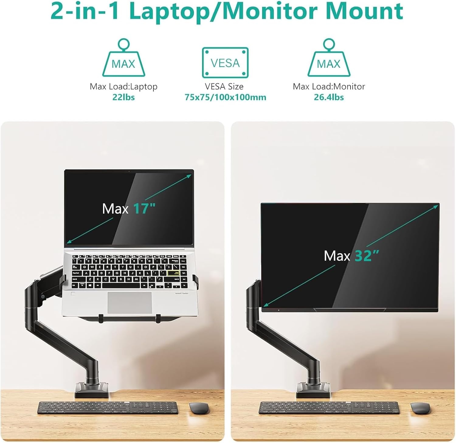 image:imageWALI Triple Arm Laptop and Dual Monitor Desk Mount for 17 Notebook and Up to 27 Screens Extra Tall Adjustable Monitor Stand with Laptop Tray VESA 75x75 100x100 Black M002XLLPWidth 165 Fully Adjustable Desk Mount