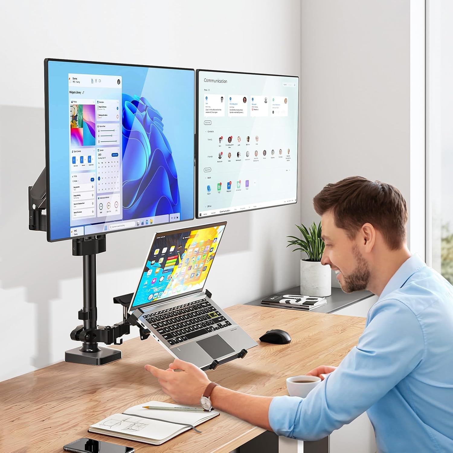image:imageWALI Triple Arm Laptop and Dual Monitor Desk Mount for 17 Notebook and Up to 27 Screens Extra Tall Adjustable Monitor Stand with Laptop Tray VESA 75x75 100x100 Black M002XLLPWidth 165 Fully Adjustable Desk Mount