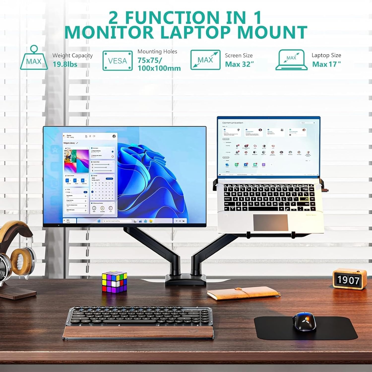 image:imageWALI Triple Arm Laptop and Dual Monitor Desk Mount for 17 Notebook and Up to 27 Screens Extra Tall Adjustable Monitor Stand with Laptop Tray VESA 75x75 100x100 Black M002XLLPWidth 165 Fully Adjustable Desk Mount