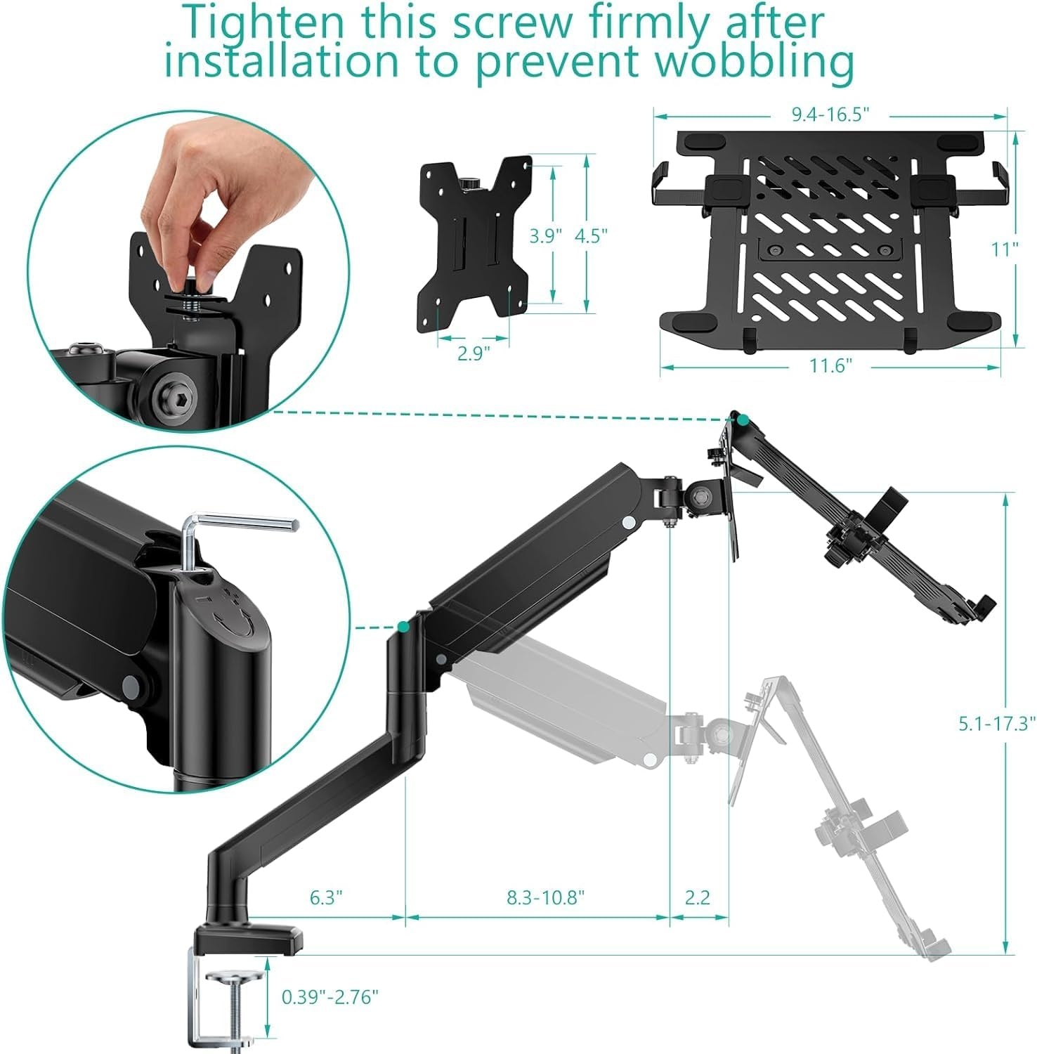 image:imageWALI Triple Arm Laptop and Dual Monitor Desk Mount for 17 Notebook and Up to 27 Screens Extra Tall Adjustable Monitor Stand with Laptop Tray VESA 75x75 100x100 Black M002XLLPWidth 165 Fully Adjustable Desk Mount