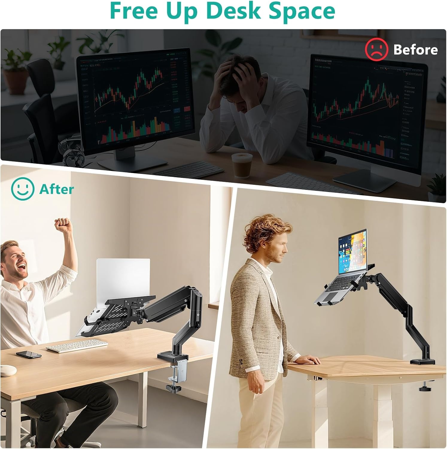image:imageWALI Triple Arm Laptop and Dual Monitor Desk Mount for 17 Notebook and Up to 27 Screens Extra Tall Adjustable Monitor Stand with Laptop Tray VESA 75x75 100x100 Black M002XLLPWidth 165 Fully Adjustable Desk Mount