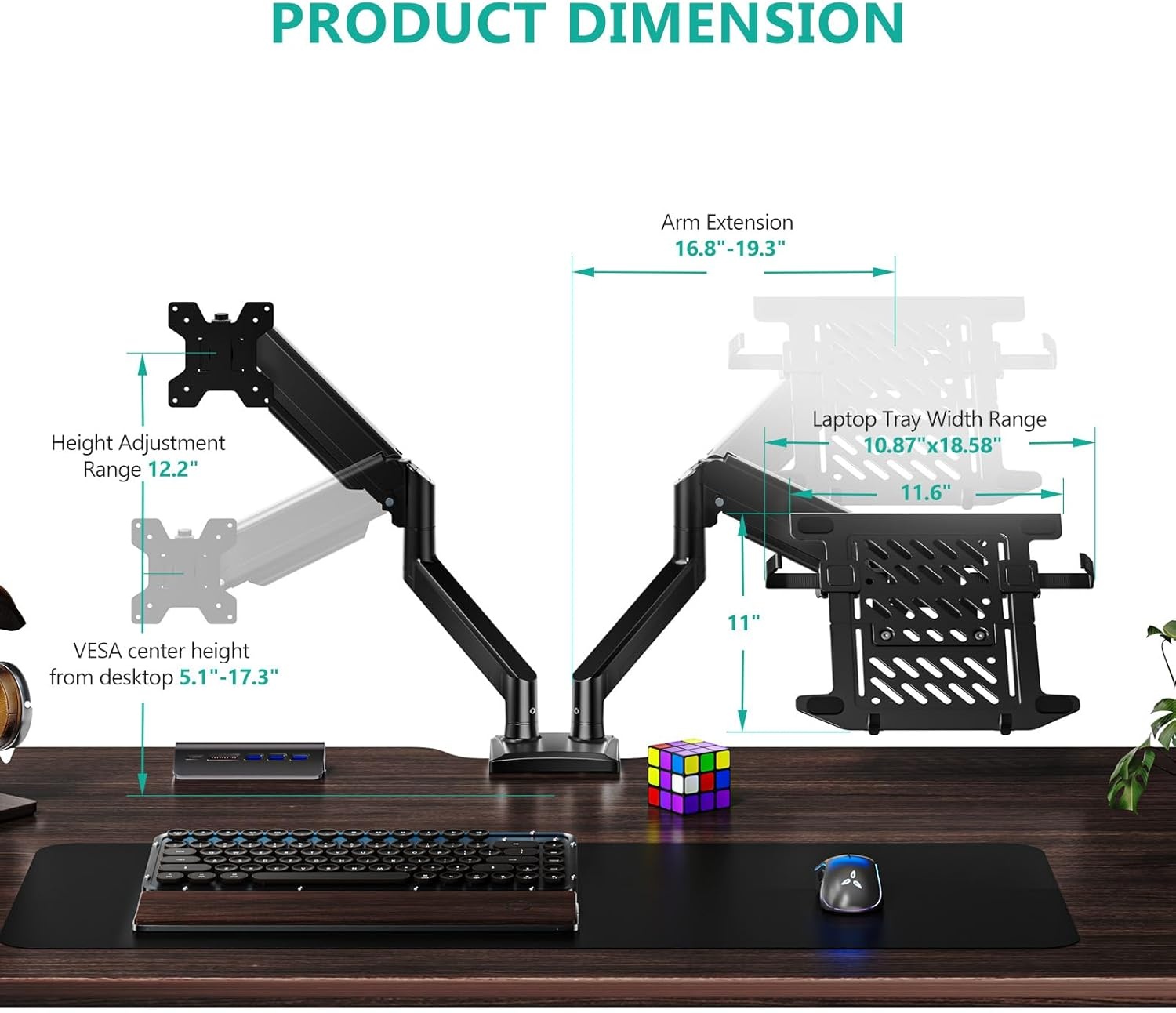 image:imageWALI Triple Arm Laptop and Dual Monitor Desk Mount for 17 Notebook and Up to 27 Screens Extra Tall Adjustable Monitor Stand with Laptop Tray VESA 75x75 100x100 Black M002XLLPWidth 165 Fully Adjustable Desk Mount
