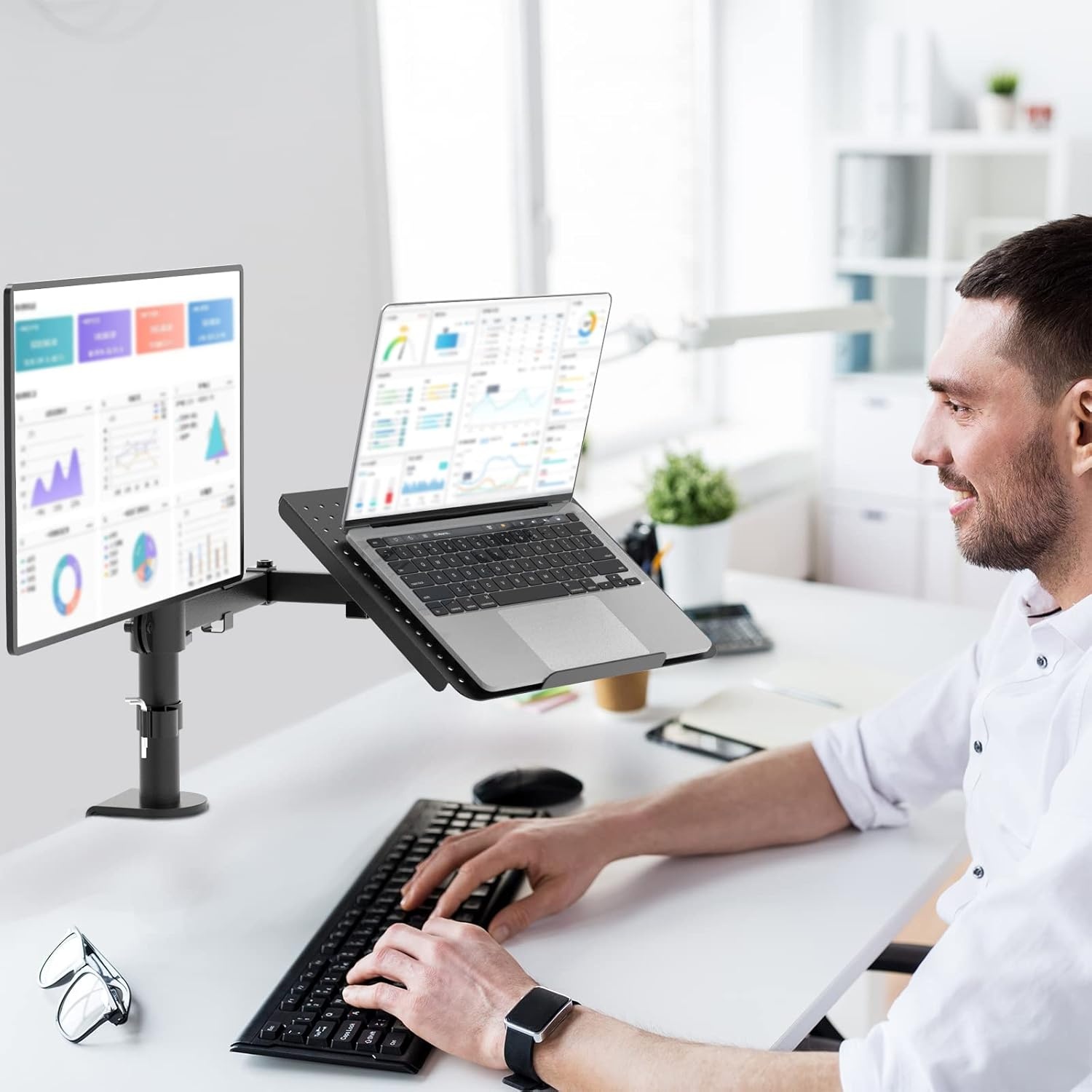 image:imageWALI Triple Arm Laptop and Dual Monitor Desk Mount for 17 Notebook and Up to 27 Screens Extra Tall Adjustable Monitor Stand with Laptop Tray VESA 75x75 100x100 Black M002XLLPWidth 14 Adjustable Desk Mount