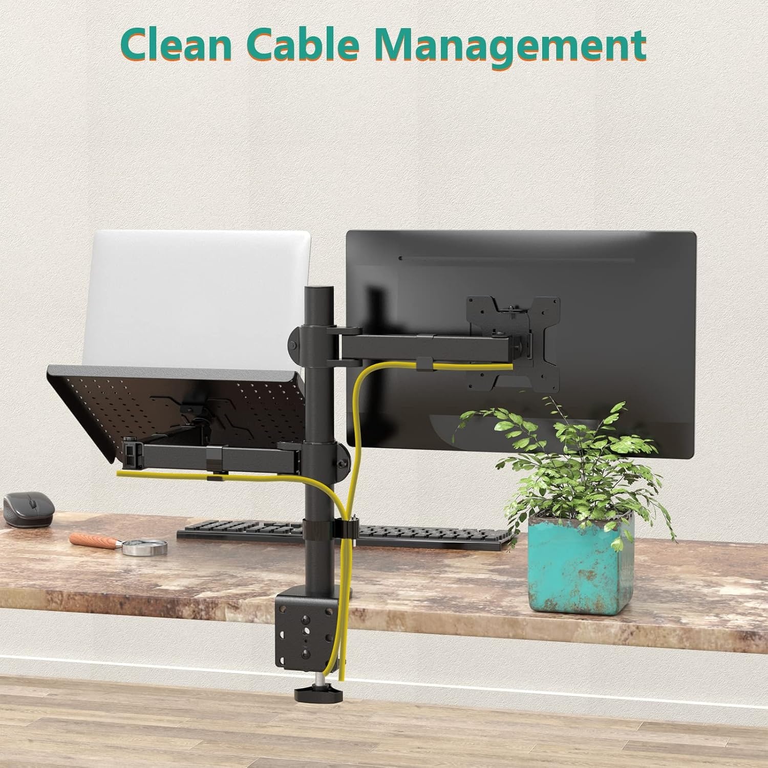 image:imageWALI Triple Arm Laptop and Dual Monitor Desk Mount for 17 Notebook and Up to 27 Screens Extra Tall Adjustable Monitor Stand with Laptop Tray VESA 75x75 100x100 Black M002XLLPWidth 14 Adjustable Desk Mount