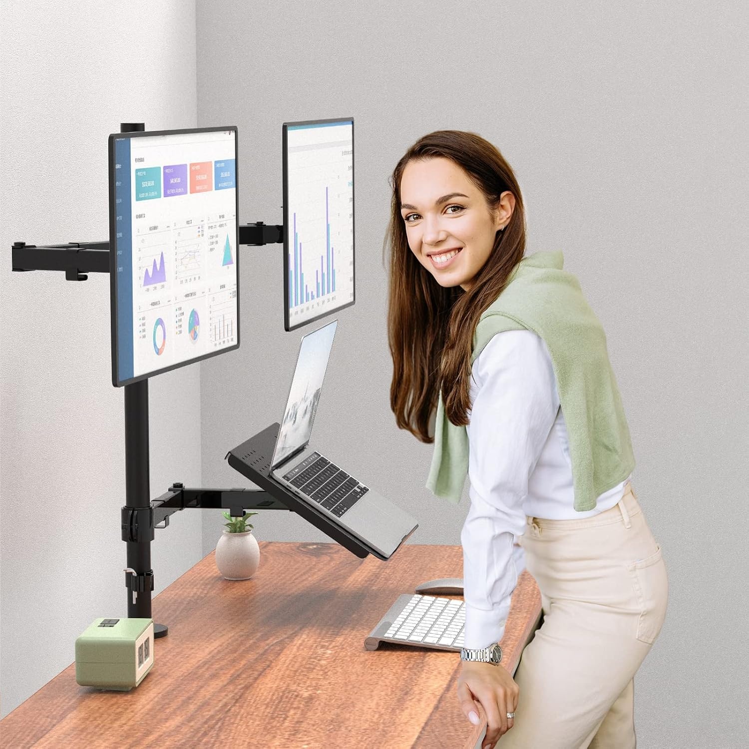 image:imageWALI Triple Arm Laptop and Dual Monitor Desk Mount for 17 Notebook and Up to 27 Screens Extra Tall Adjustable Monitor Stand with Laptop Tray VESA 75x75 100x100 Black M002XLLPWidth 14 Adjustable Desk Mount