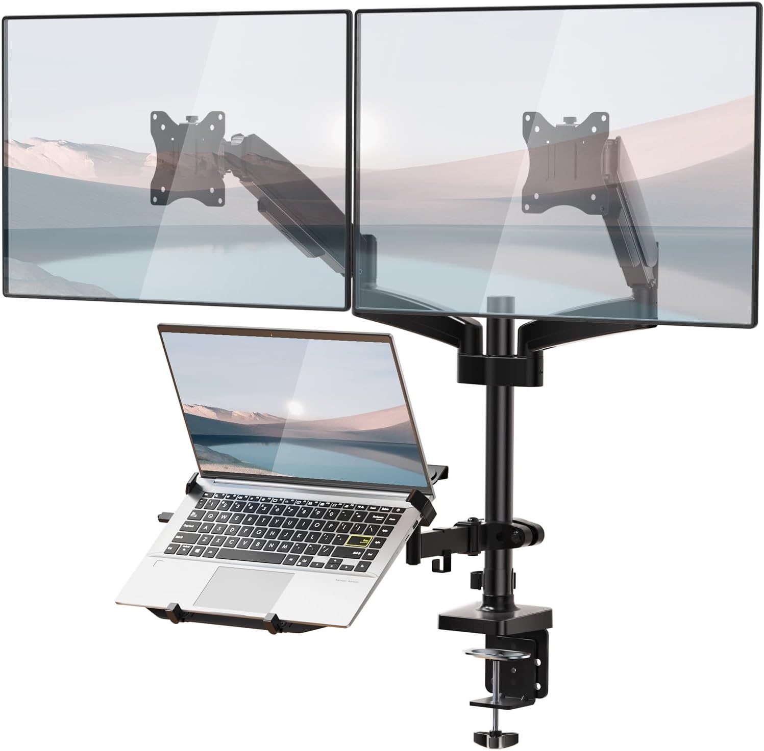 image:imageWALI Triple Arm Laptop and Dual Monitor Desk Mount for 17 Notebook and Up to 27 Screens Extra Tall Adjustable Monitor Stand with Laptop Tray VESA 75x75 100x100 Black M002XLLPWidth 165 Fully Adjustable Desk Mount
