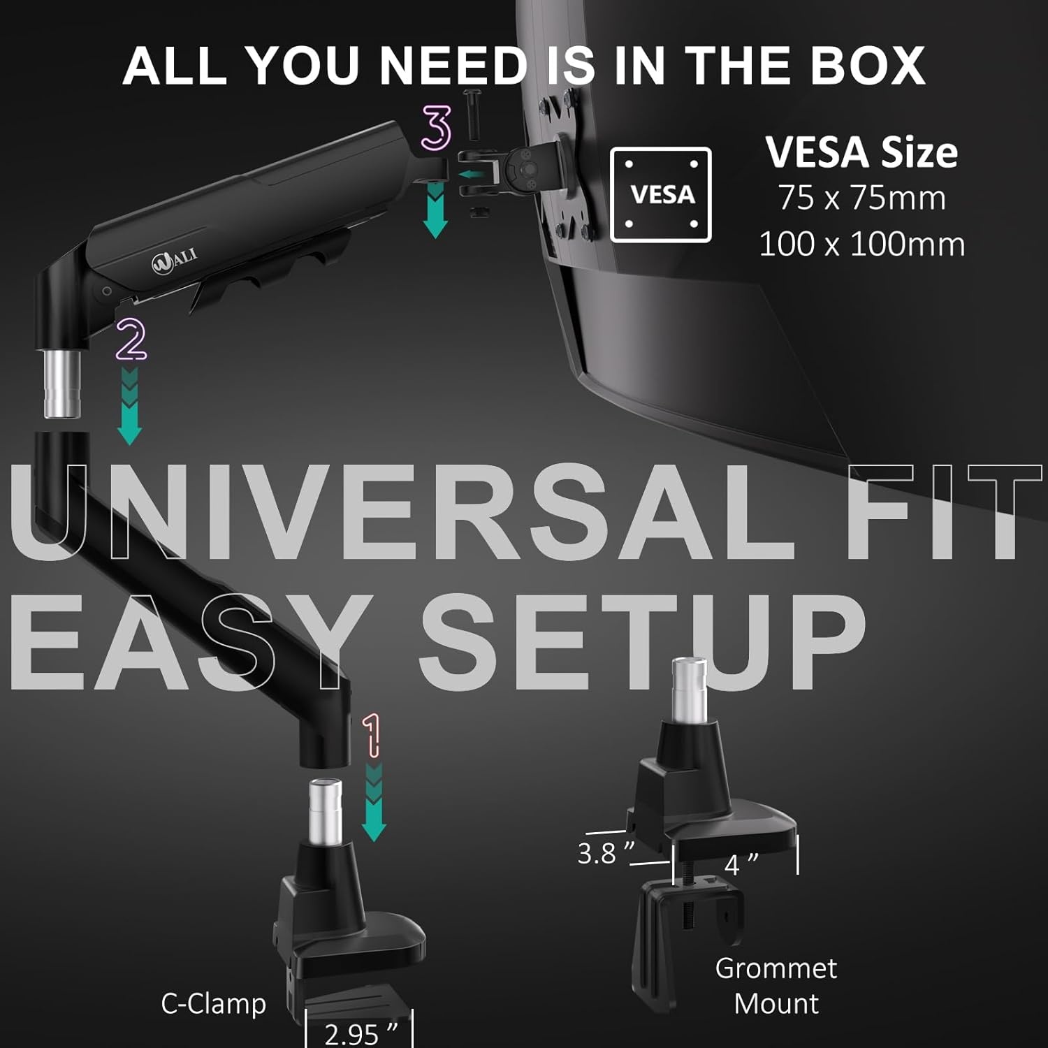 image:imageWALI Triple Monitor Mount for 1334 inch Screens Full Adjustable 3 Monitors Desk Mount with Clamp amp Grommet Base Triple Monitors Arm up to 198lbs Each VESA 75x75 100x100 mm GSDM003XL Black1749
