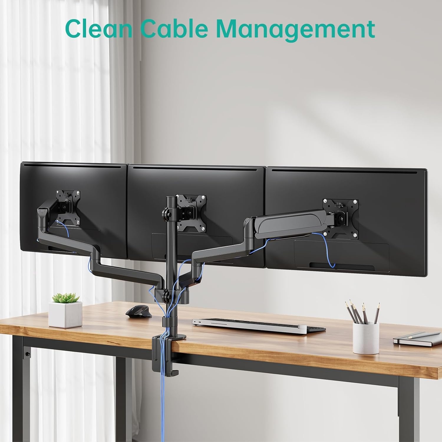 image:imageWALI Triple Monitor Mount for 1334 inch Screens Full Adjustable 3 Monitors Desk Mount with Clamp amp Grommet Base Triple Monitors Arm up to 198lbs Each VESA 75x75 100x100 mm GSDM003XL Black1332
