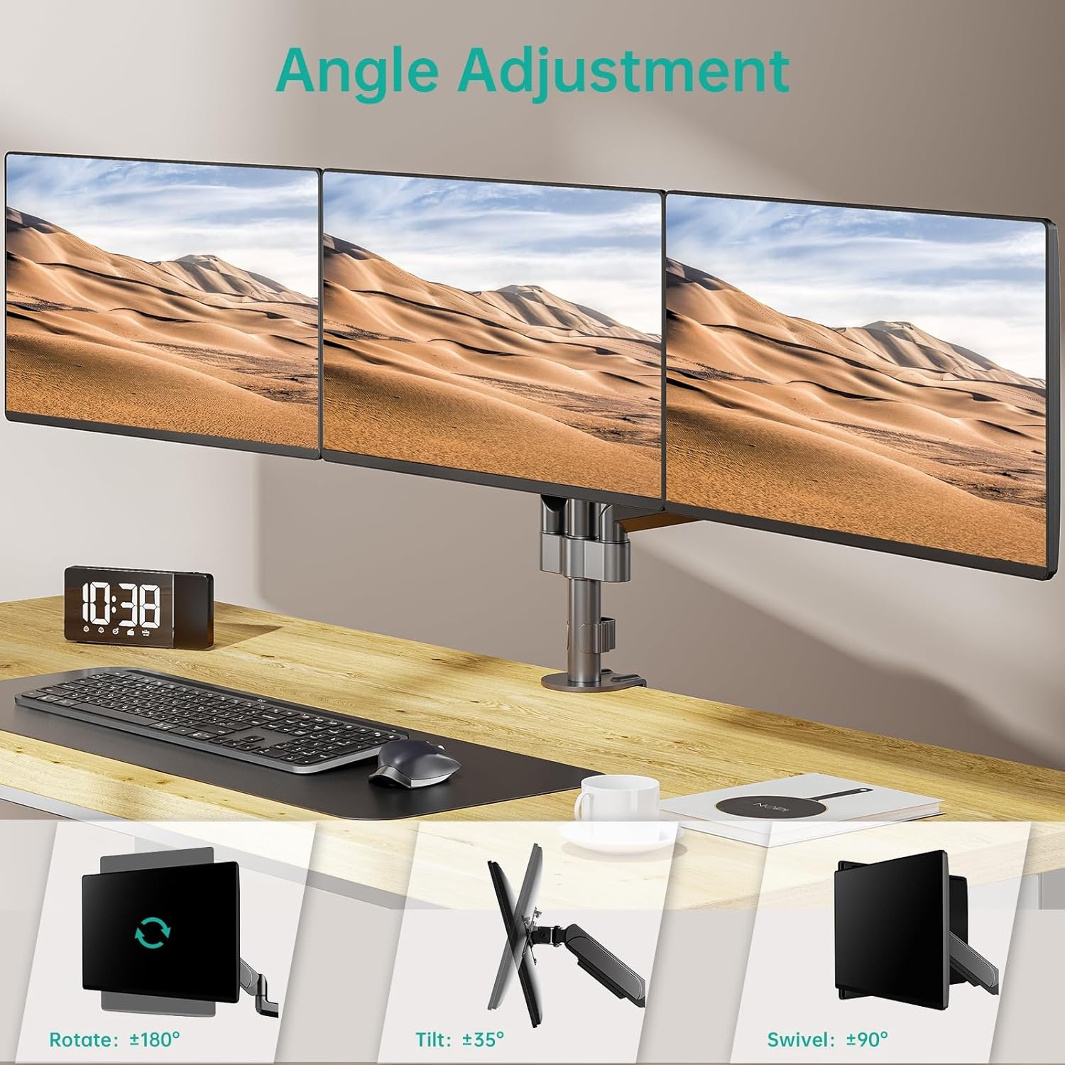image:imageWALI Triple Monitor Mount for 1334 inch Screens Full Adjustable 3 Monitors Desk Mount with Clamp amp Grommet Base Triple Monitors Arm up to 198lbs Each VESA 75x75 100x100 mm GSDM003XL Black1332