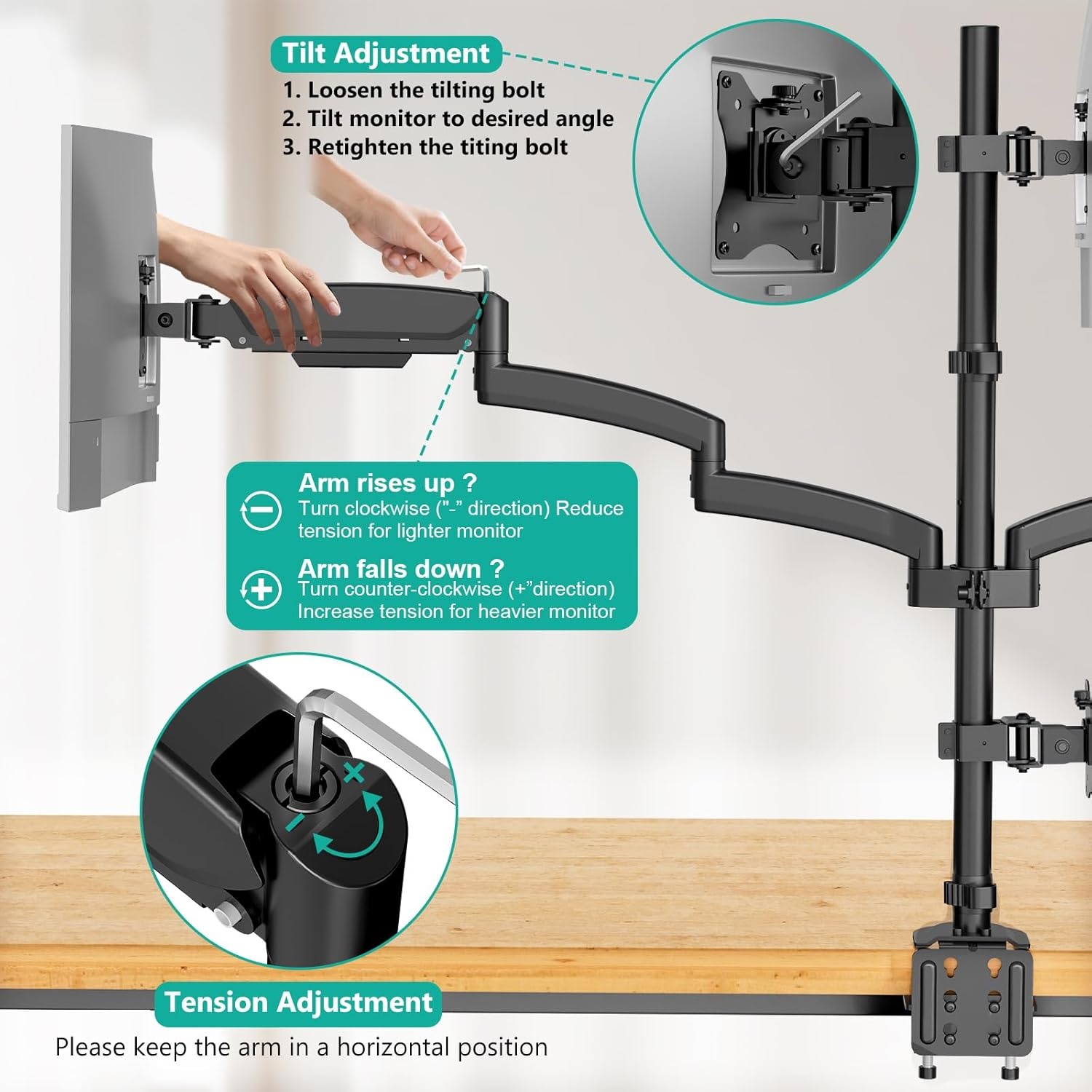 image:imageWALI Triple Monitor Mount for 1334 inch Screens Full Adjustable 3 Monitors Desk Mount with Clamp amp Grommet Base Triple Monitors Arm up to 198lbs Each VESA 75x75 100x100 mm GSDM003XL Black1327