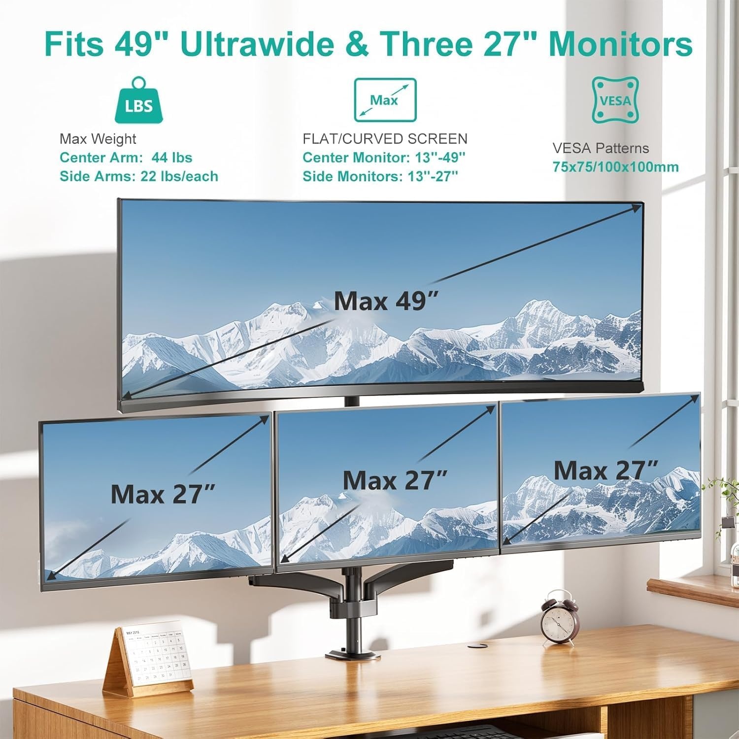 image:imageWALI Triple Monitor Mount for 1334 inch Screens Full Adjustable 3 Monitors Desk Mount with Clamp amp Grommet Base Triple Monitors Arm up to 198lbs Each VESA 75x75 100x100 mm GSDM003XL Black1349