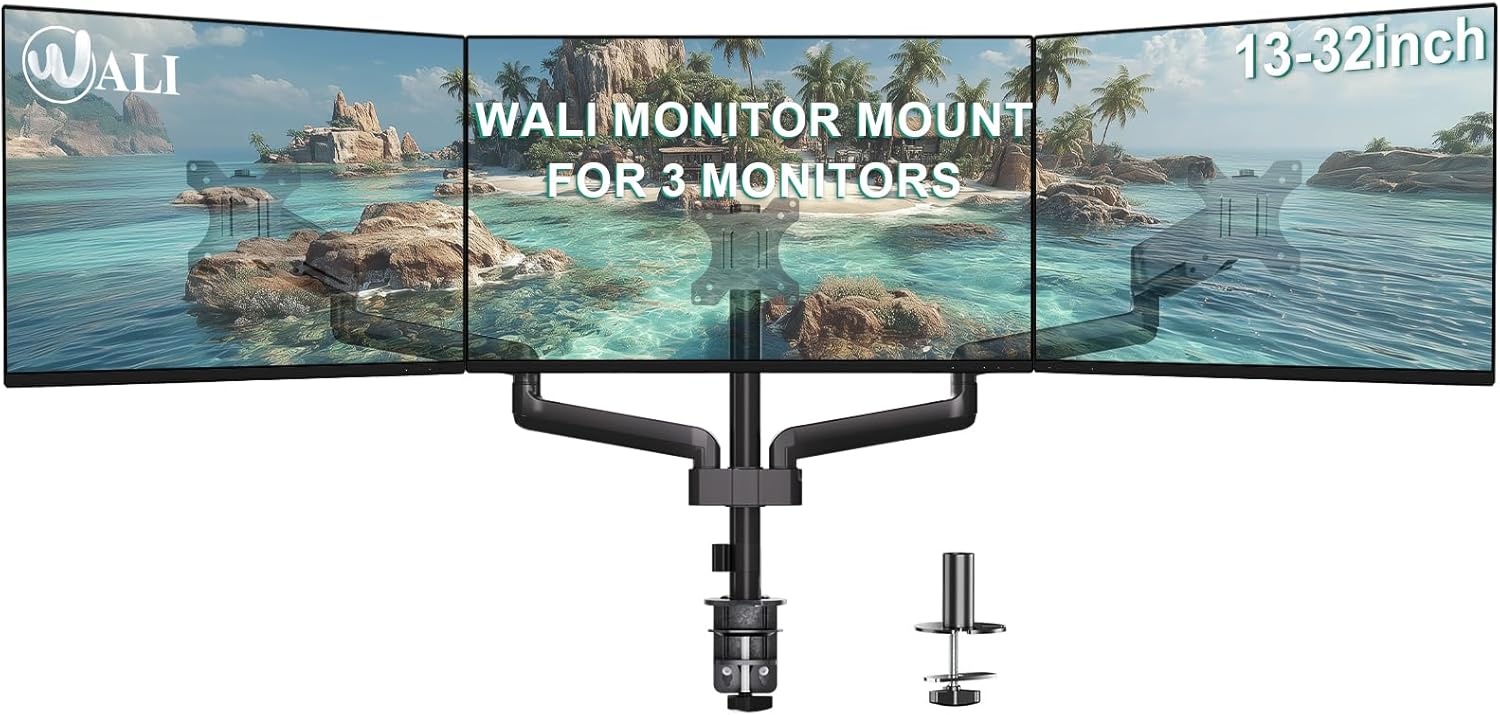 image:imageWALI Triple Monitor Mount for 1334 inch Screens Full Adjustable 3 Monitors Desk Mount with Clamp amp Grommet Base Triple Monitors Arm up to 198lbs Each VESA 75x75 100x100 mm GSDM003XL Black1332