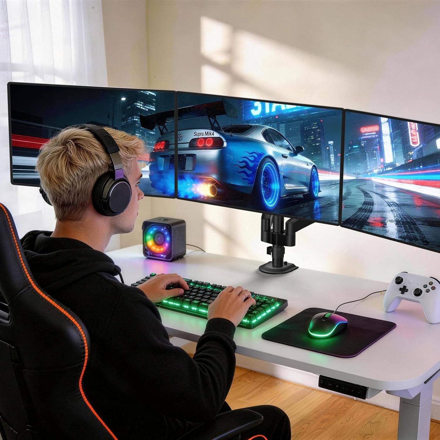 image:imageWALI Triple Monitor Mount for 1334 inch Screens Full Adjustable 3 Monitors Desk Mount with Clamp amp Grommet Base Triple Monitors Arm up to 198lbs Each VESA 75x75 100x100 mm GSDM003XL Black1333