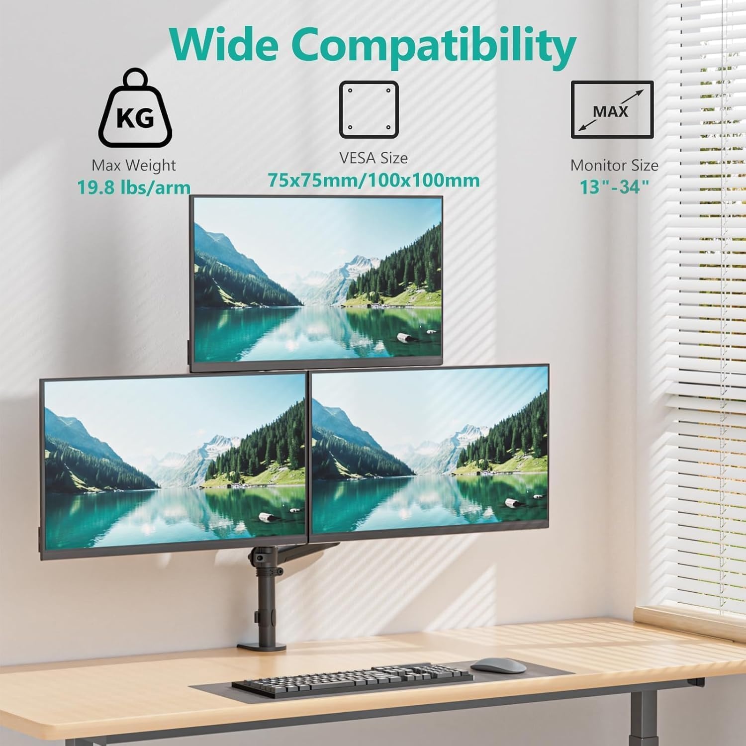 image:imageWALI Triple Monitor Mount for 1334 inch Screens Full Adjustable 3 Monitors Desk Mount with Clamp amp Grommet Base Triple Monitors Arm up to 198lbs Each VESA 75x75 100x100 mm GSDM003XL Black1334