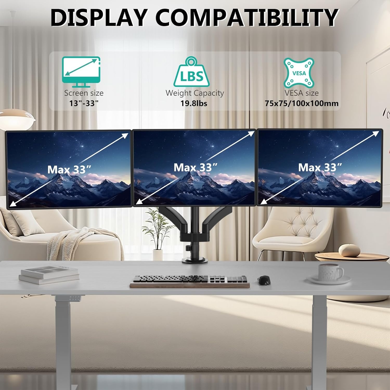image:imageWALI Triple Monitor Mount for 1334 inch Screens Full Adjustable 3 Monitors Desk Mount with Clamp amp Grommet Base Triple Monitors Arm up to 198lbs Each VESA 75x75 100x100 mm GSDM003XL Black1333