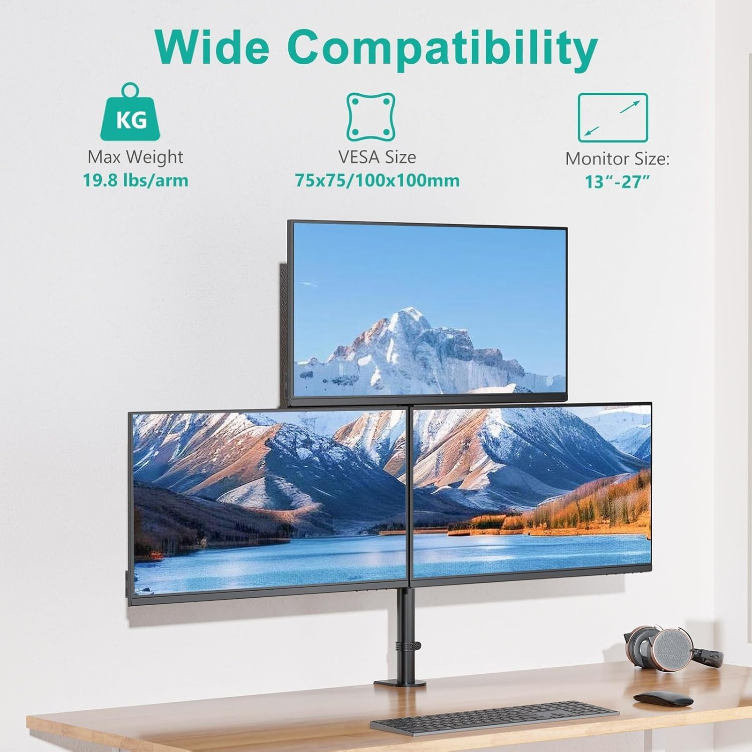 image:imageWALI Triple Monitor Mount for 1334 inch Screens Full Adjustable 3 Monitors Desk Mount with Clamp amp Grommet Base Triple Monitors Arm up to 198lbs Each VESA 75x75 100x100 mm GSDM003XL Black1327