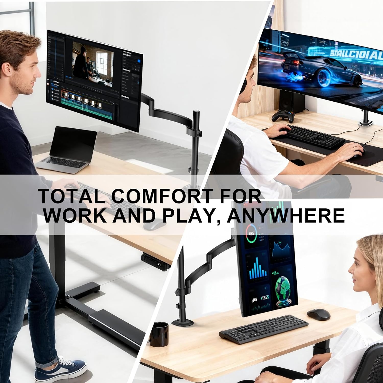 image:imageWALI Triple Monitor Mount for 1334 inch Screens Full Adjustable 3 Monitors Desk Mount with Clamp amp Grommet Base Triple Monitors Arm up to 198lbs Each VESA 75x75 100x100 mm GSDM003XL Black1332