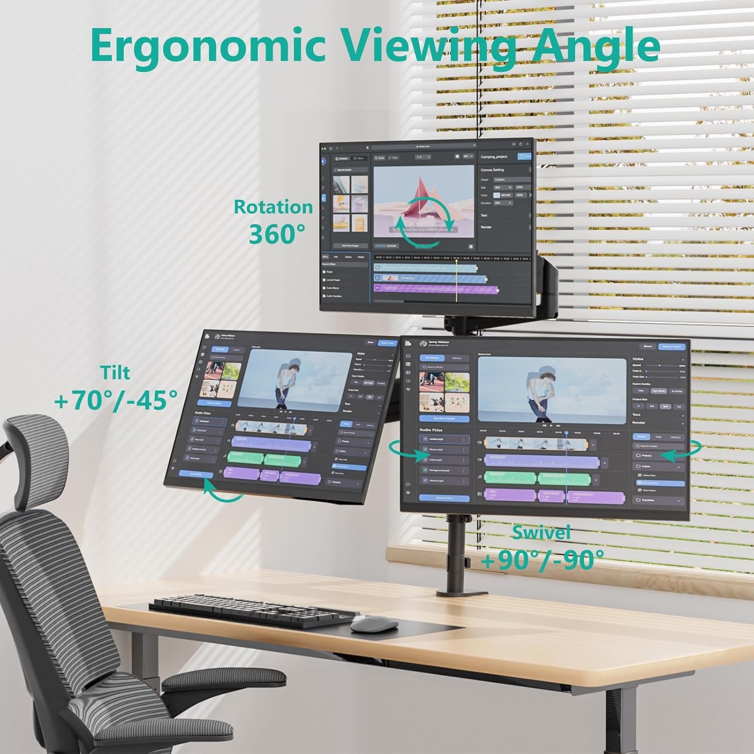 image:imageWALI Triple Monitor Mount for 1334 inch Screens Full Adjustable 3 Monitors Desk Mount with Clamp amp Grommet Base Triple Monitors Arm up to 198lbs Each VESA 75x75 100x100 mm GSDM003XL Black1334