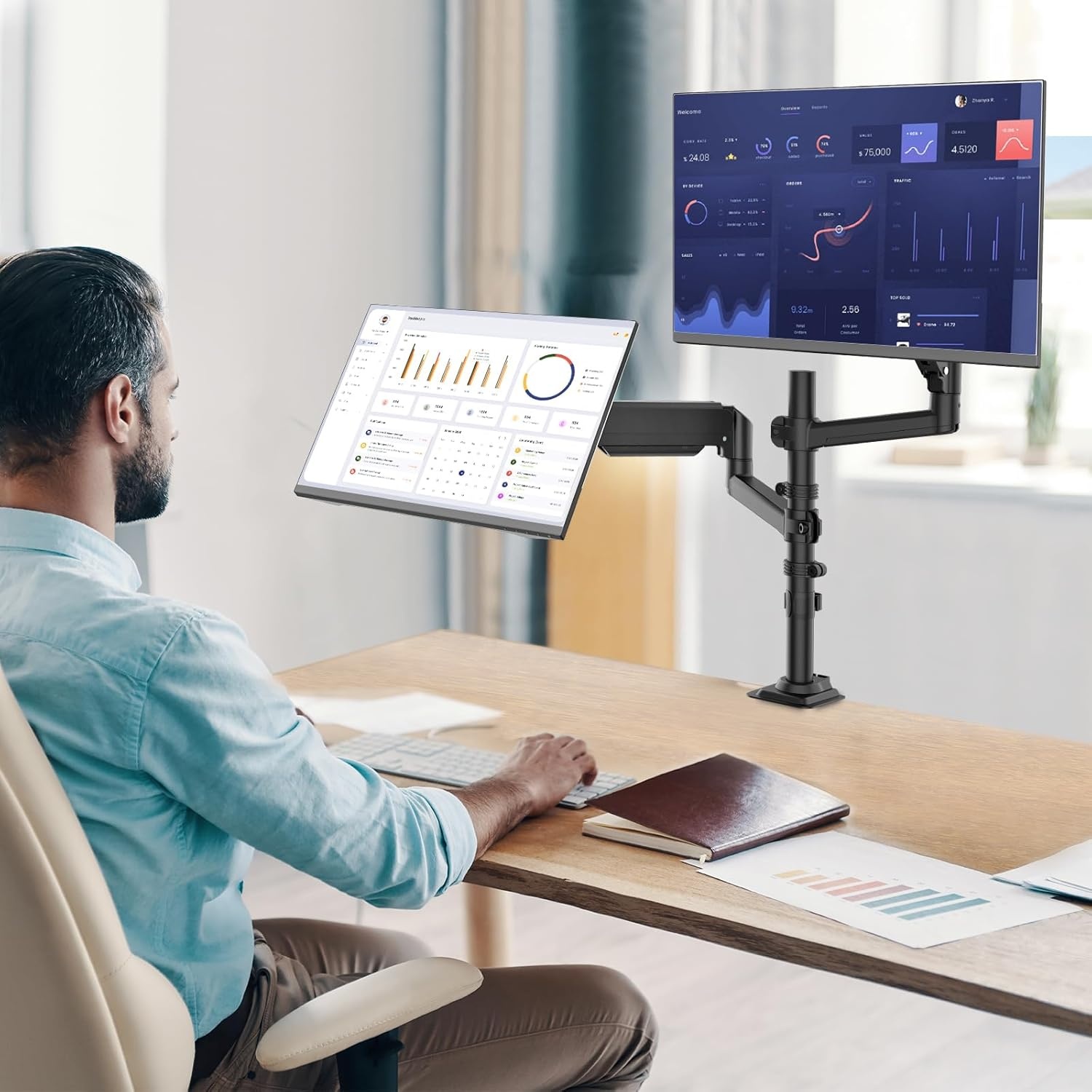 image:imageWALI Triple Monitor Mount for 1334 inch Screens Full Adjustable 3 Monitors Desk Mount with Clamp amp Grommet Base Triple Monitors Arm up to 198lbs Each VESA 75x75 100x100 mm GSDM003XL Black1333