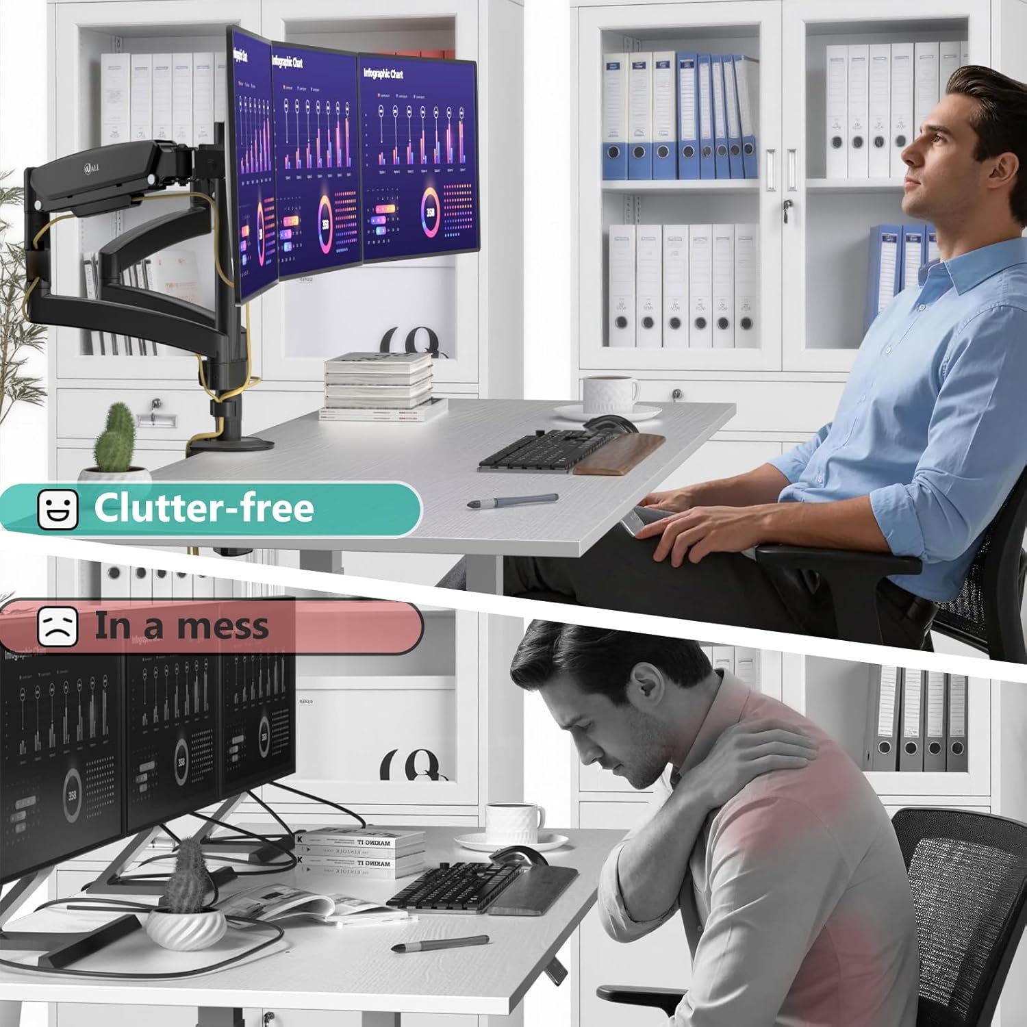 image:imageWALI Triple Monitor Mount for 1334 inch Screens Full Adjustable 3 Monitors Desk Mount with Clamp amp Grommet Base Triple Monitors Arm up to 198lbs Each VESA 75x75 100x100 mm GSDM003XL Black1333