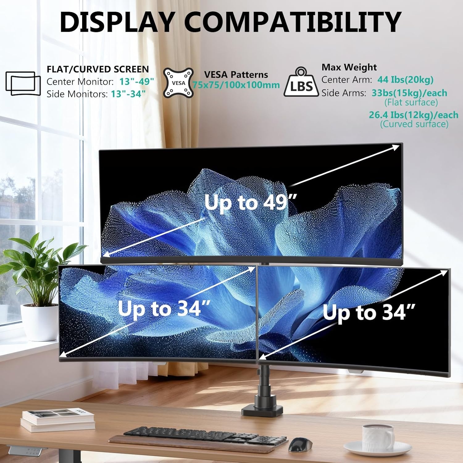 image:imageWALI Triple Monitor Mount for 1334 inch Screens Full Adjustable 3 Monitors Desk Mount with Clamp amp Grommet Base Triple Monitors Arm up to 198lbs Each VESA 75x75 100x100 mm GSDM003XL Black1349