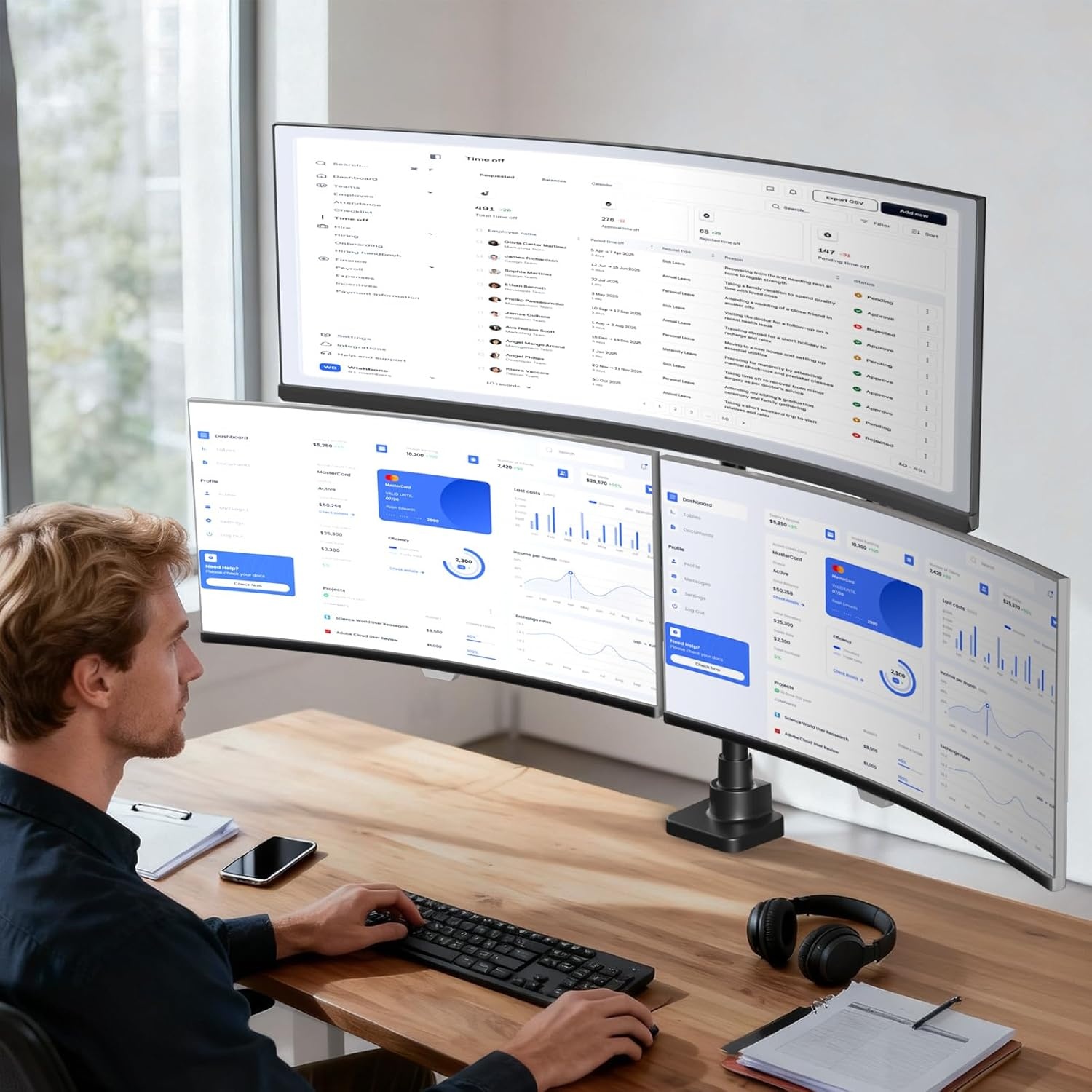 image:imageWALI Triple Monitor Mount for 1334 inch Screens Full Adjustable 3 Monitors Desk Mount with Clamp amp Grommet Base Triple Monitors Arm up to 198lbs Each VESA 75x75 100x100 mm GSDM003XL Black1349