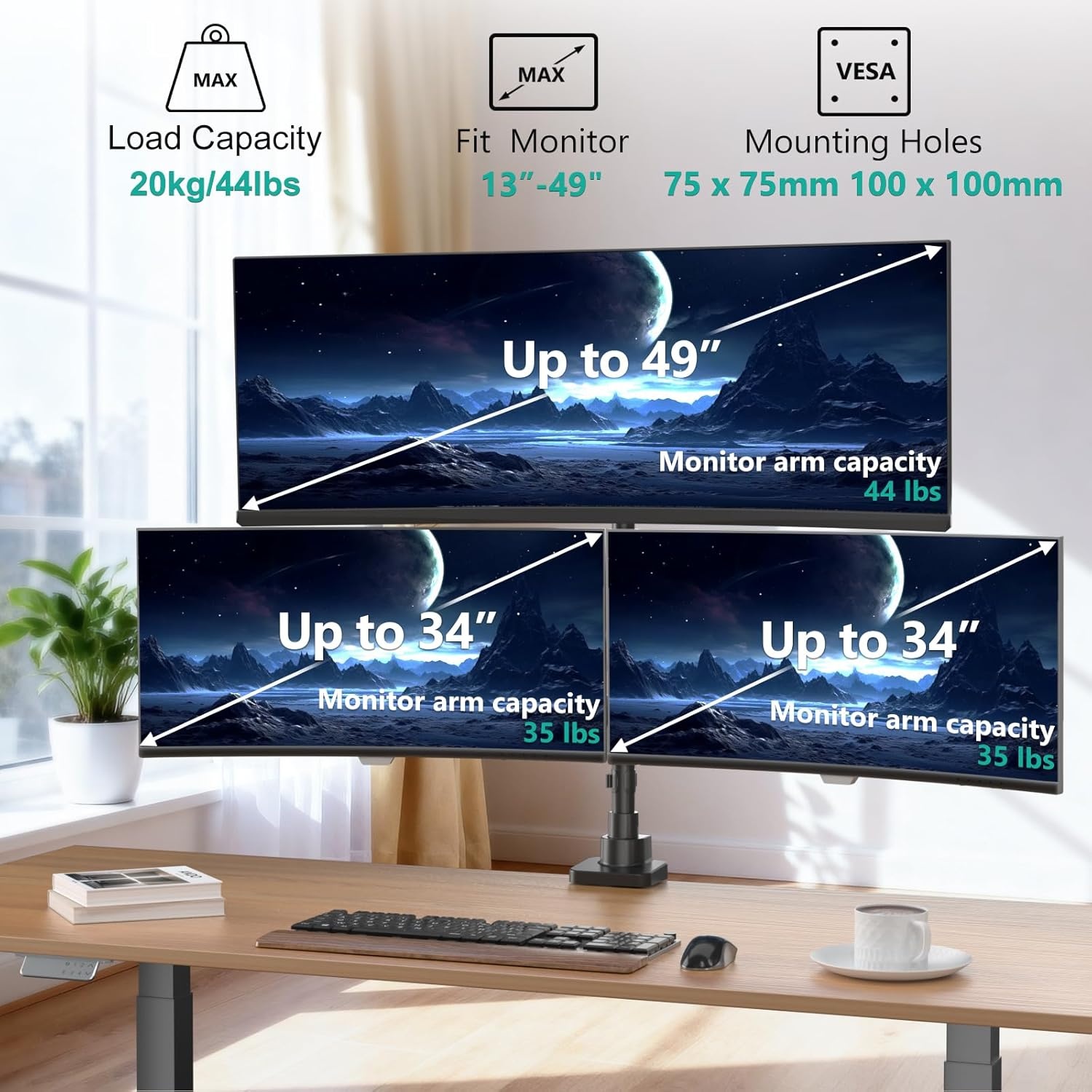 image:imageWALI Triple Monitor Mount for 1334 inch Screens Full Adjustable 3 Monitors Desk Mount with Clamp amp Grommet Base Triple Monitors Arm up to 198lbs Each VESA 75x75 100x100 mm GSDM003XL Black1749