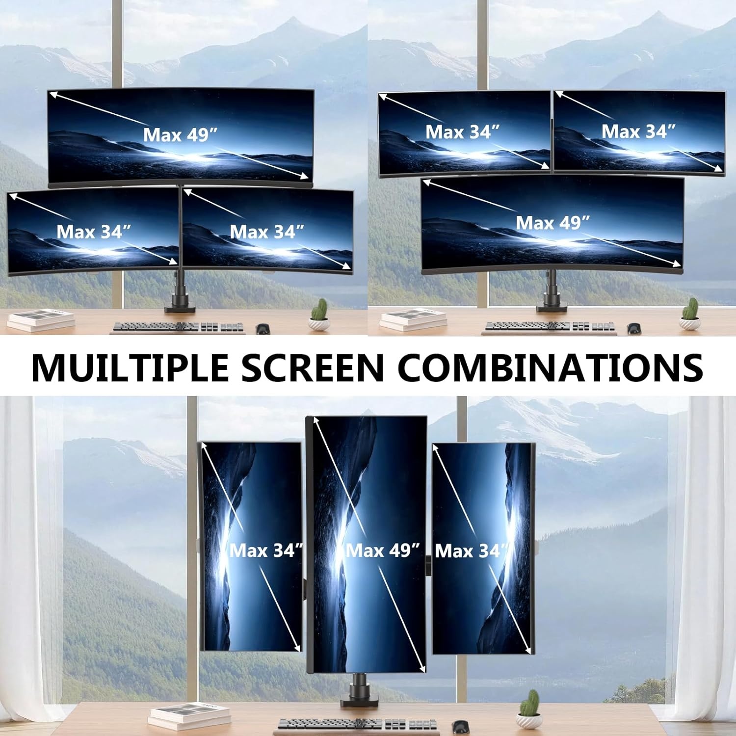 image:imageWALI Triple Monitor Mount for 1334 inch Screens Full Adjustable 3 Monitors Desk Mount with Clamp amp Grommet Base Triple Monitors Arm up to 198lbs Each VESA 75x75 100x100 mm GSDM003XL Black1349
