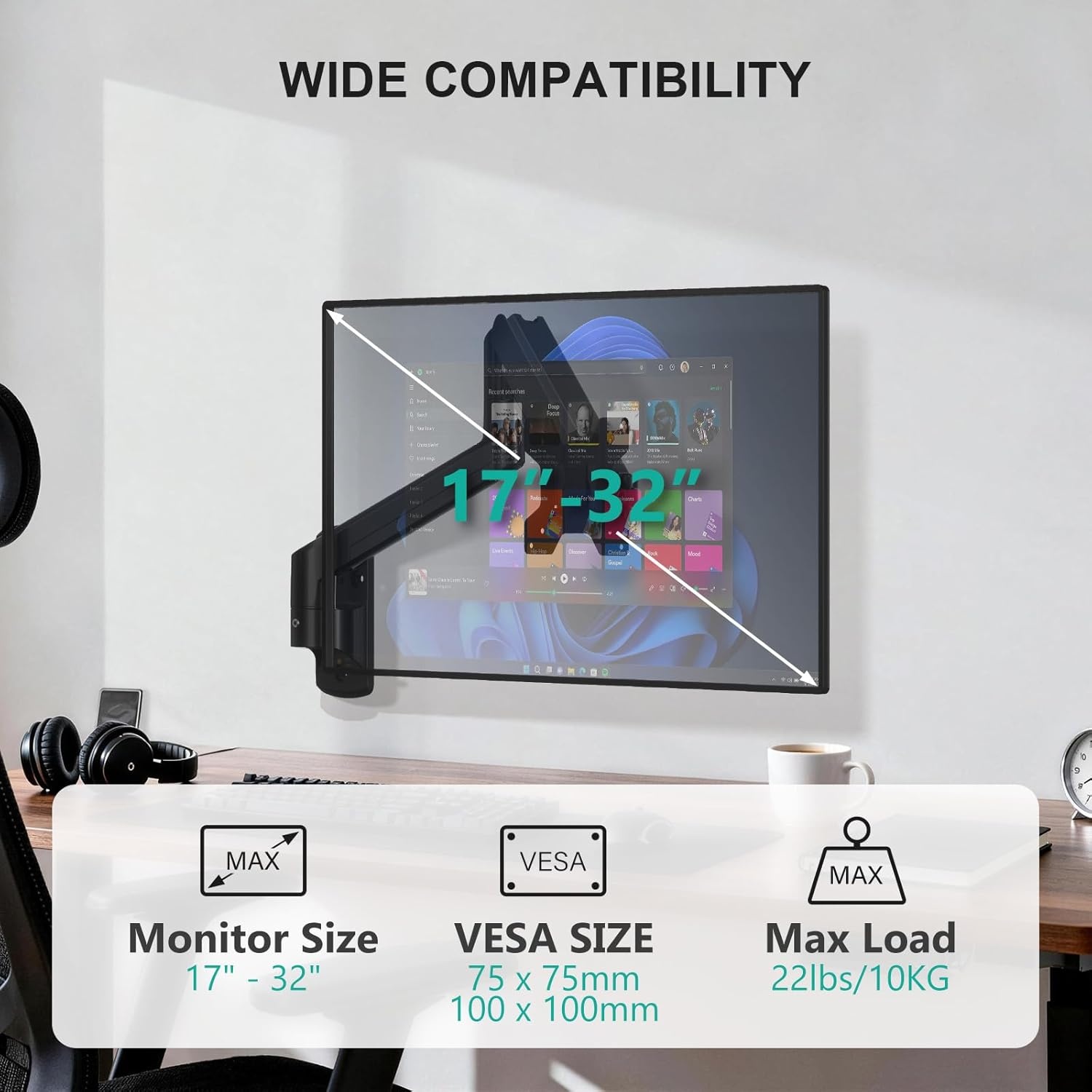 image:imageWALI Vertical Dual Monitor Wall Mount Stacked Monitor Wall Mount for 1749 Inch 2 Screens 44lbs each with Height Adjustment Heavy Duty Sturdy Steel Tilt Swivel Rotate Flexibility VESA 75x75100x100mmSingle Arm