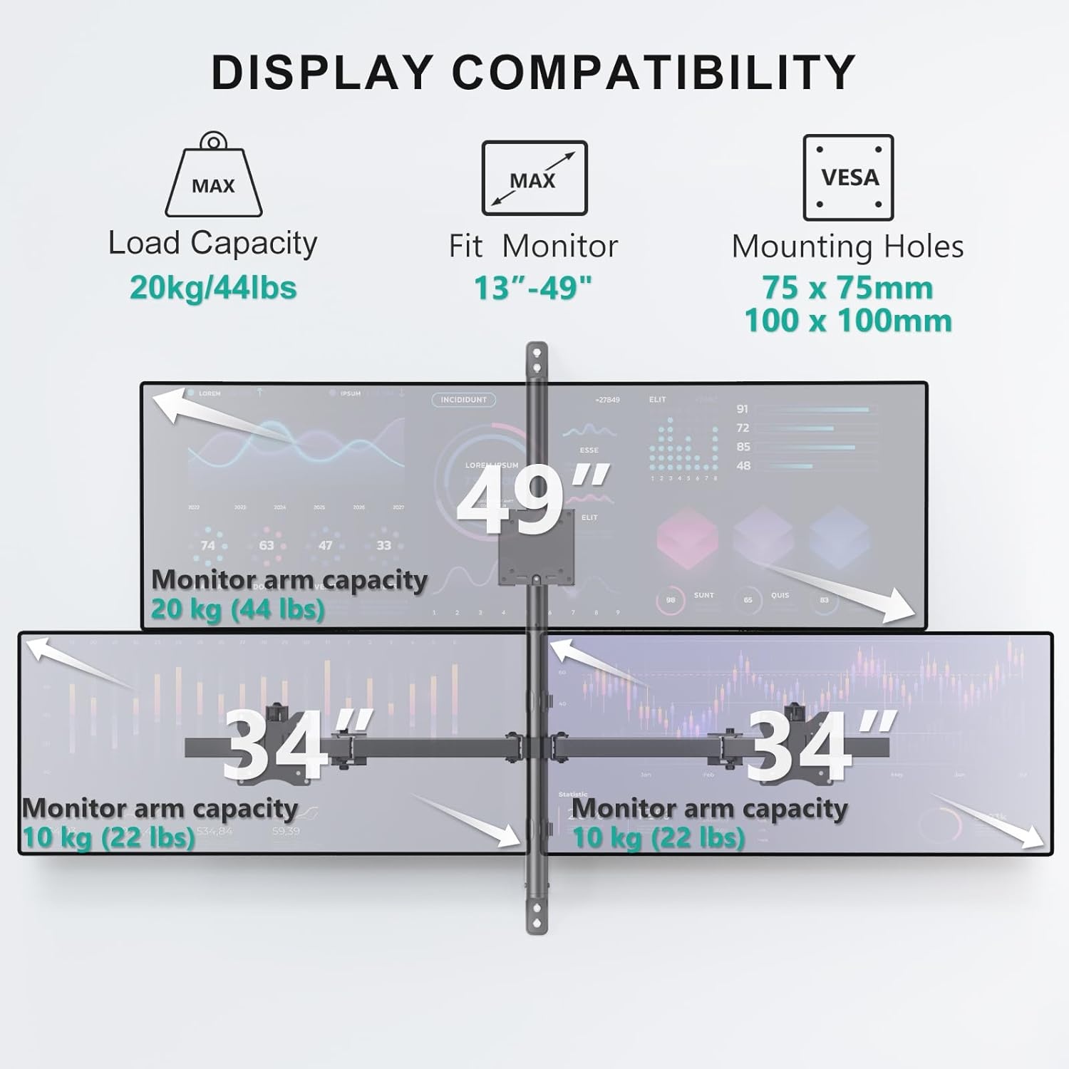 image:imageWALI Vertical Dual Monitor Wall Mount Stacked Monitor Wall Mount for 1749 Inch 2 Screens 44lbs each with Height Adjustment Heavy Duty Sturdy Steel Tilt Swivel Rotate Flexibility VESA 75x75100x100mmTriple Arms