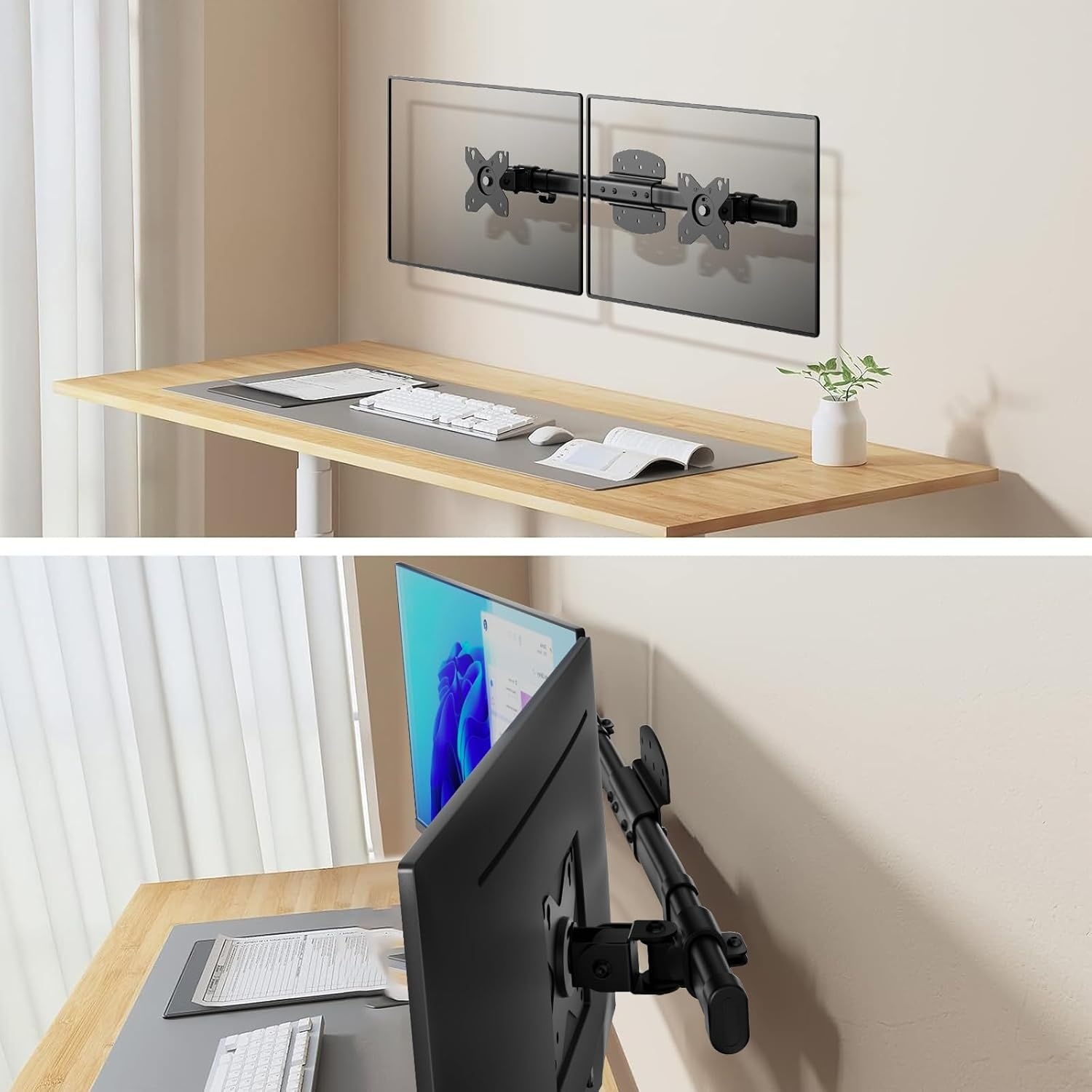 image:imageWALI Vertical Dual Monitor Wall Mount Stacked Monitor Wall Mount for 1749 Inch 2 Screens 44lbs each with Height Adjustment Heavy Duty Sturdy Steel Tilt Swivel Rotate Flexibility VESA 75x75100x100mmDual Arms