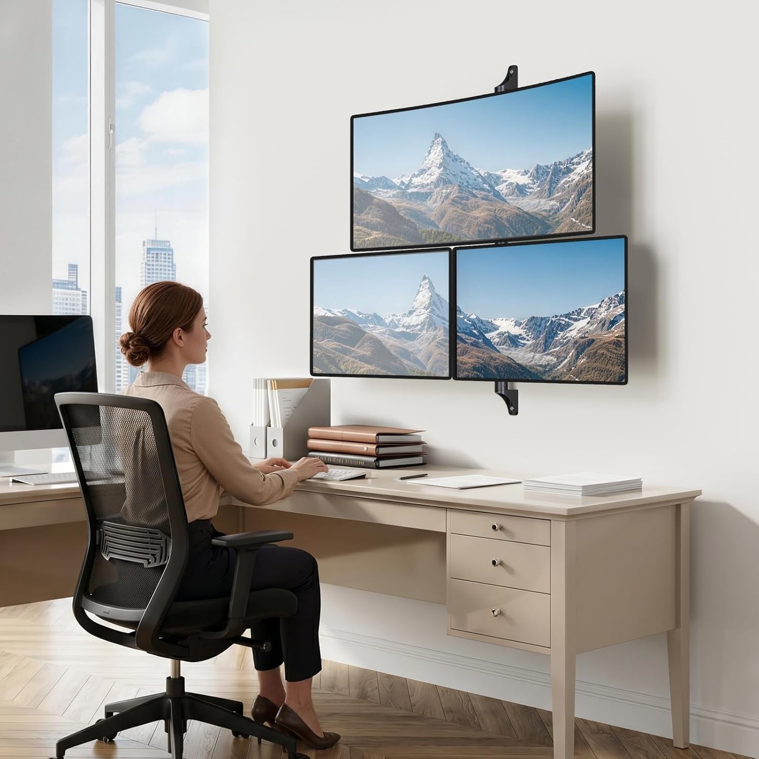 image:imageWALI Vertical Dual Monitor Wall Mount Stacked Monitor Wall Mount for 1749 Inch 2 Screens 44lbs each with Height Adjustment Heavy Duty Sturdy Steel Tilt Swivel Rotate Flexibility VESA 75x75100x100mmTriple Arms