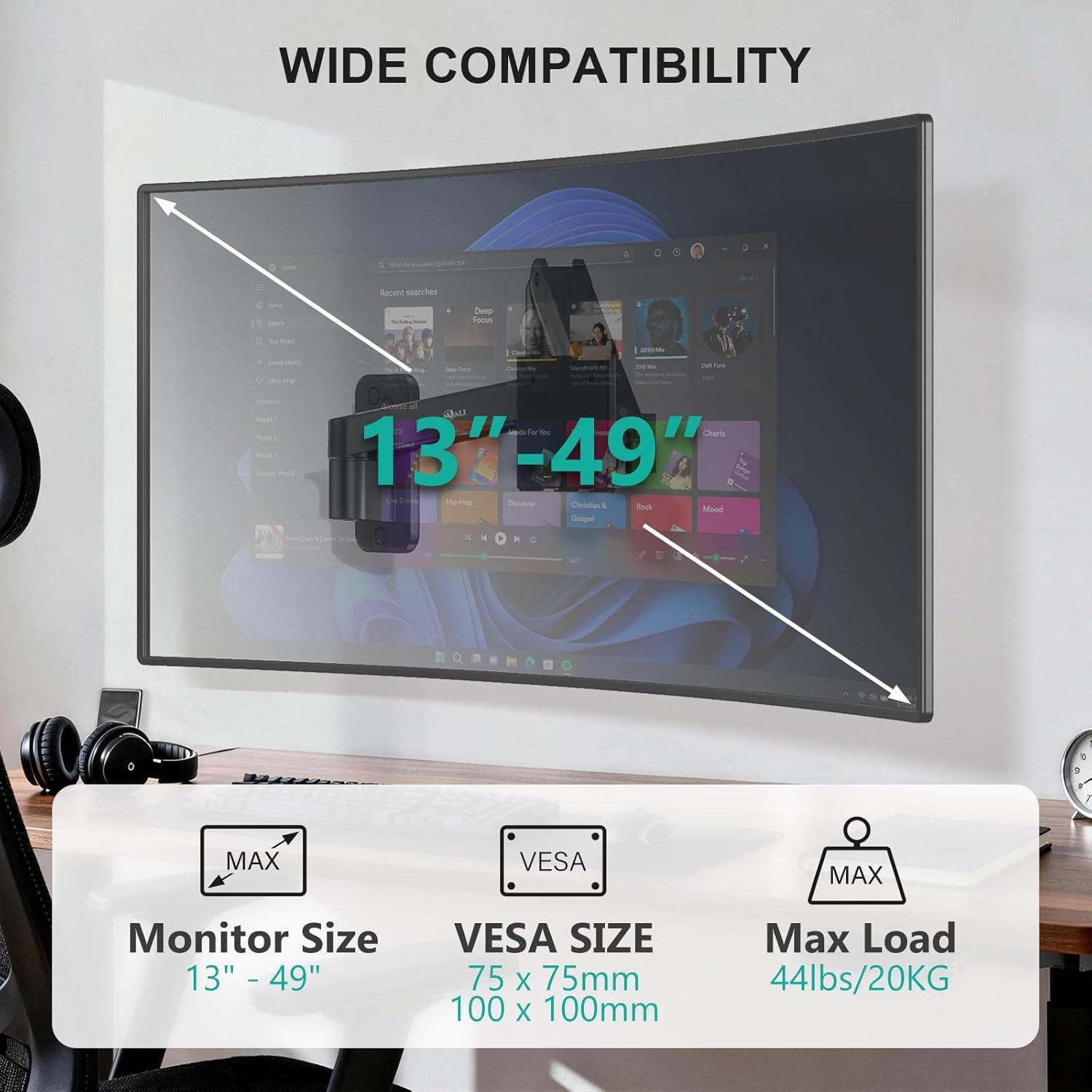 image:imageWALI Vertical Dual Monitor Wall Mount Stacked Monitor Wall Mount for 1749 Inch 2 Screens 44lbs each with Height Adjustment Heavy Duty Sturdy Steel Tilt Swivel Rotate Flexibility VESA 75x75100x100mmSingle Arm