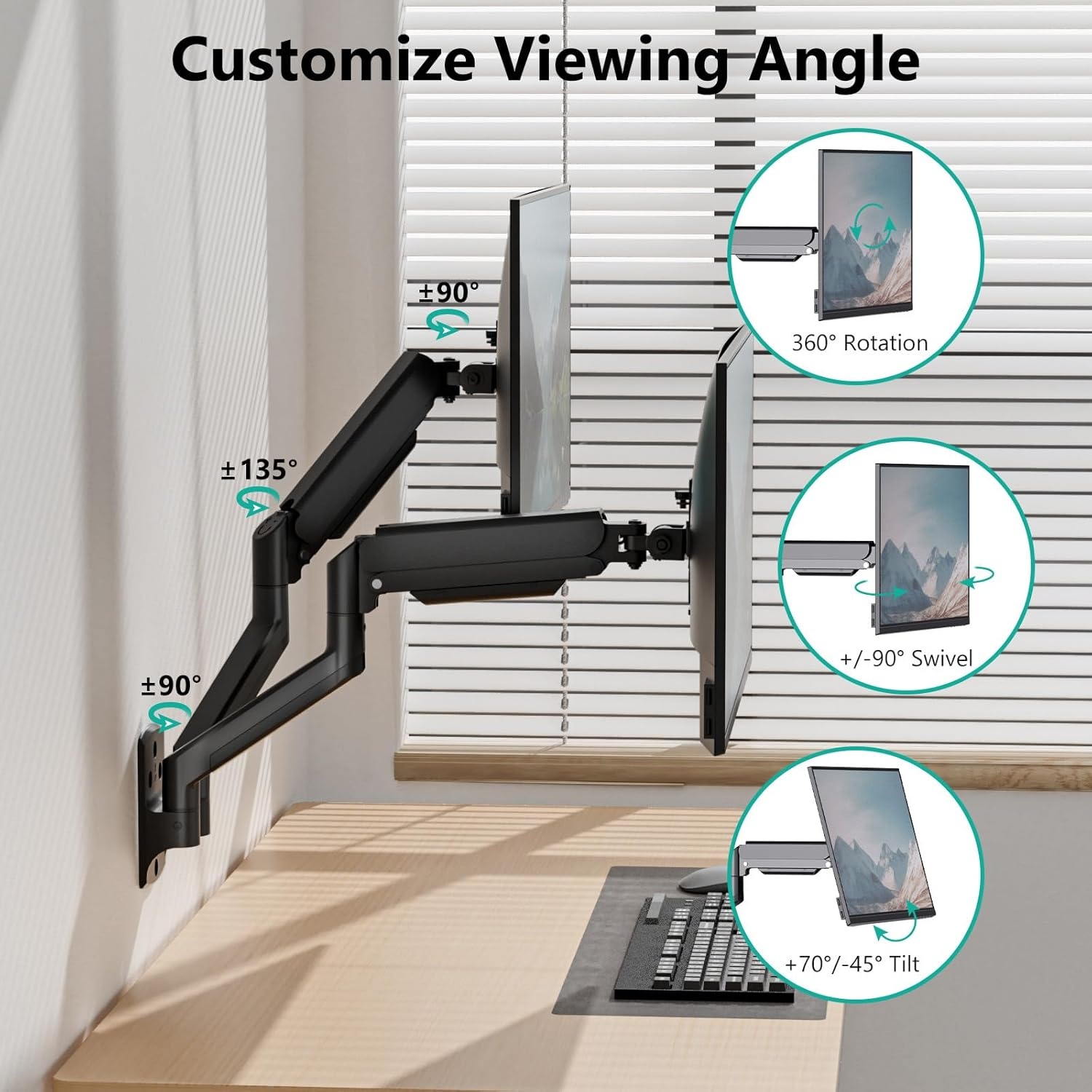 image:imageWALI Vertical Dual Monitor Wall Mount Stacked Monitor Wall Mount for 1749 Inch 2 Screens 44lbs each with Height Adjustment Heavy Duty Sturdy Steel Tilt Swivel Rotate Flexibility VESA 75x75100x100mmDual Arms