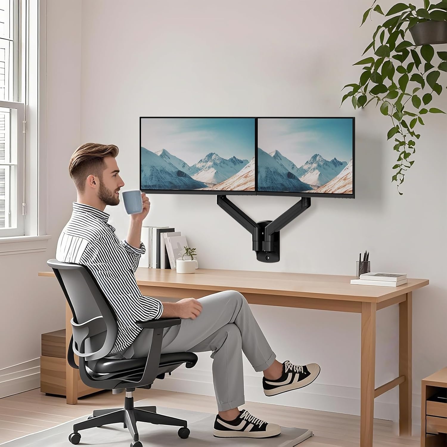 image:imageWALI Vertical Dual Monitor Wall Mount Stacked Monitor Wall Mount for 1749 Inch 2 Screens 44lbs each with Height Adjustment Heavy Duty Sturdy Steel Tilt Swivel Rotate Flexibility VESA 75x75100x100mmDual Arms