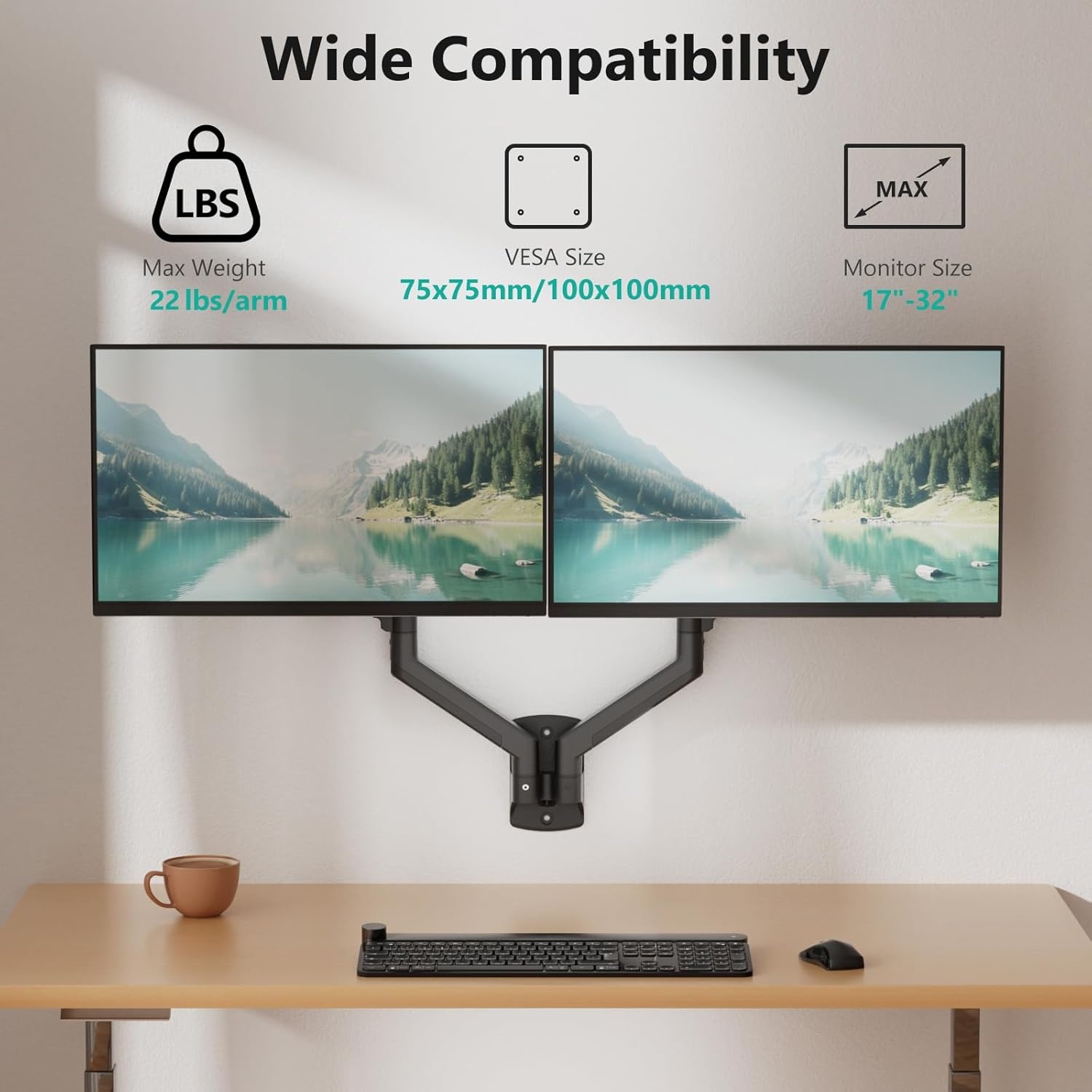 image:imageWALI Vertical Dual Monitor Wall Mount Stacked Monitor Wall Mount for 1749 Inch 2 Screens 44lbs each with Height Adjustment Heavy Duty Sturdy Steel Tilt Swivel Rotate Flexibility VESA 75x75100x100mmDual Arms