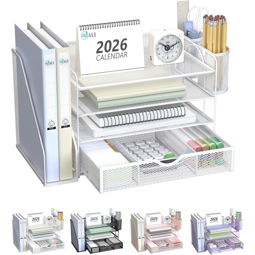 image:imageWALI Desk File Organizer 4 Tier Desktop Paper Letter Tray Organizer with Drawer and 2 Pen Holders Office Desk Accessories amp Workspace Organizers for Office Home SuppliesDO005DHW 1 Pack WhiteWhite
