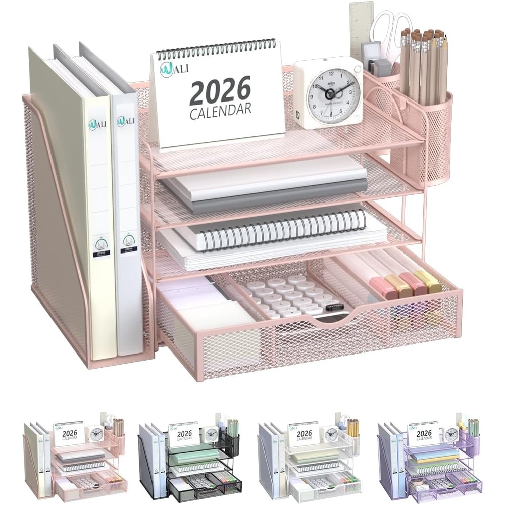 image:imageWALI Desk File Organizer 4 Tier Desktop Paper Letter Tray Organizer with Drawer and 2 Pen Holders Office Desk Accessories amp Workspace Organizers for Office Home SuppliesDO005DHW 1 Pack WhitePink