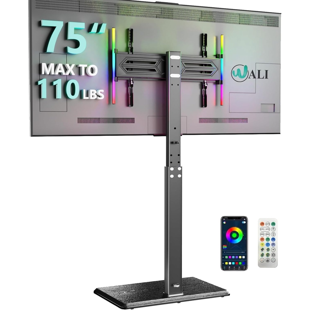 image:imageWALI Floor TV Stand with LED Lights Tall TV Stand Mount for 3275 inch TV up to 110 lbs Swivel and Height Adjustable TV Stands with Wood Base for Bedroom OfficeTVDVD7L Black