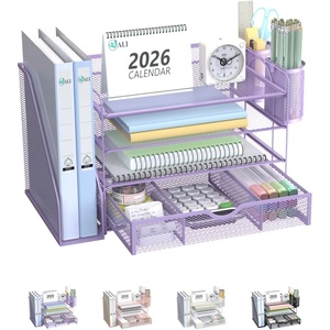 image:imageWALI Desk File Organizer 4 Tier Desktop Paper Letter Tray Organizer with Drawer and 2 Pen Holders Office Desk Accessories amp Workspace Organizers for Office Home SuppliesDO005DHW 1 Pack WhitePurple