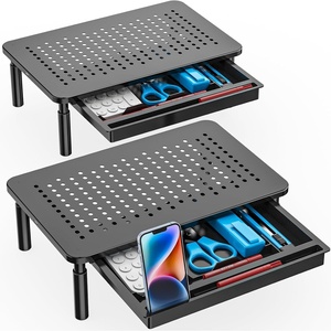 image:imageWALI Dual Monitor Stand with Storage Desk Monitor Riser 3 Height Adjustable Laptop Riser with Airflow Vents Desk Organizer for Computer Laptop Printer Notebook STT003D2B 2 Pack Black