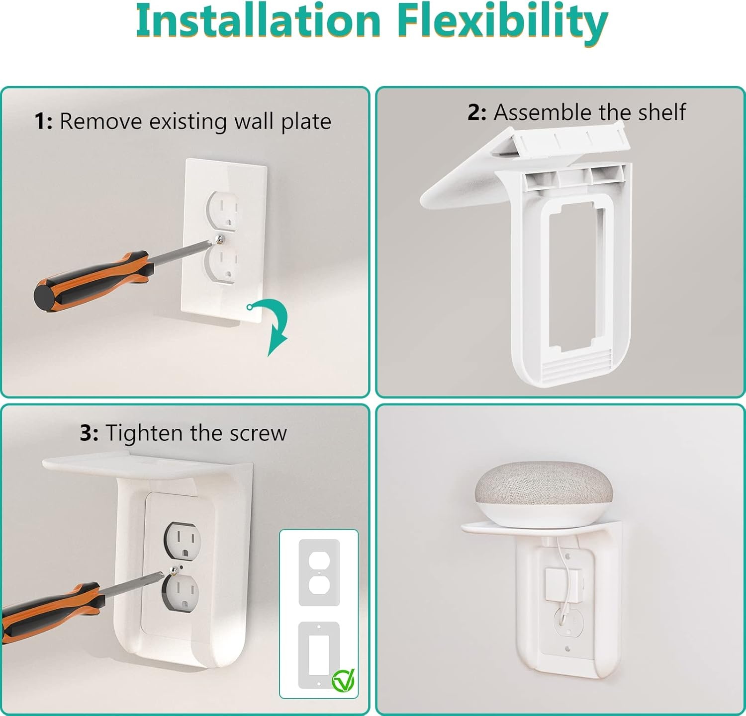 image:imageWALI Outlet Shelf Wall Holder Fit for Duplex GFCI Decorative Outlet Shell A Space Saving for Smart Home Speaker Mounts up to 20lbs with Cable Management OSH002W WhiteWhite2 Packs