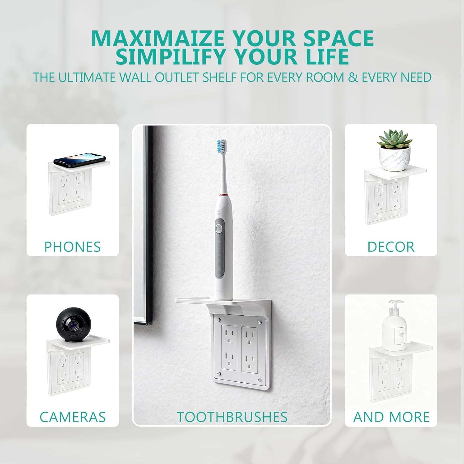 image:imageWALI Outlet Shelf Wall Holder Fit for Duplex GFCI Decorative Outlet Shell A Space Saving for Smart Home Speaker Mounts up to 20lbs with Cable Management OSH002W WhiteWhite2 Packs