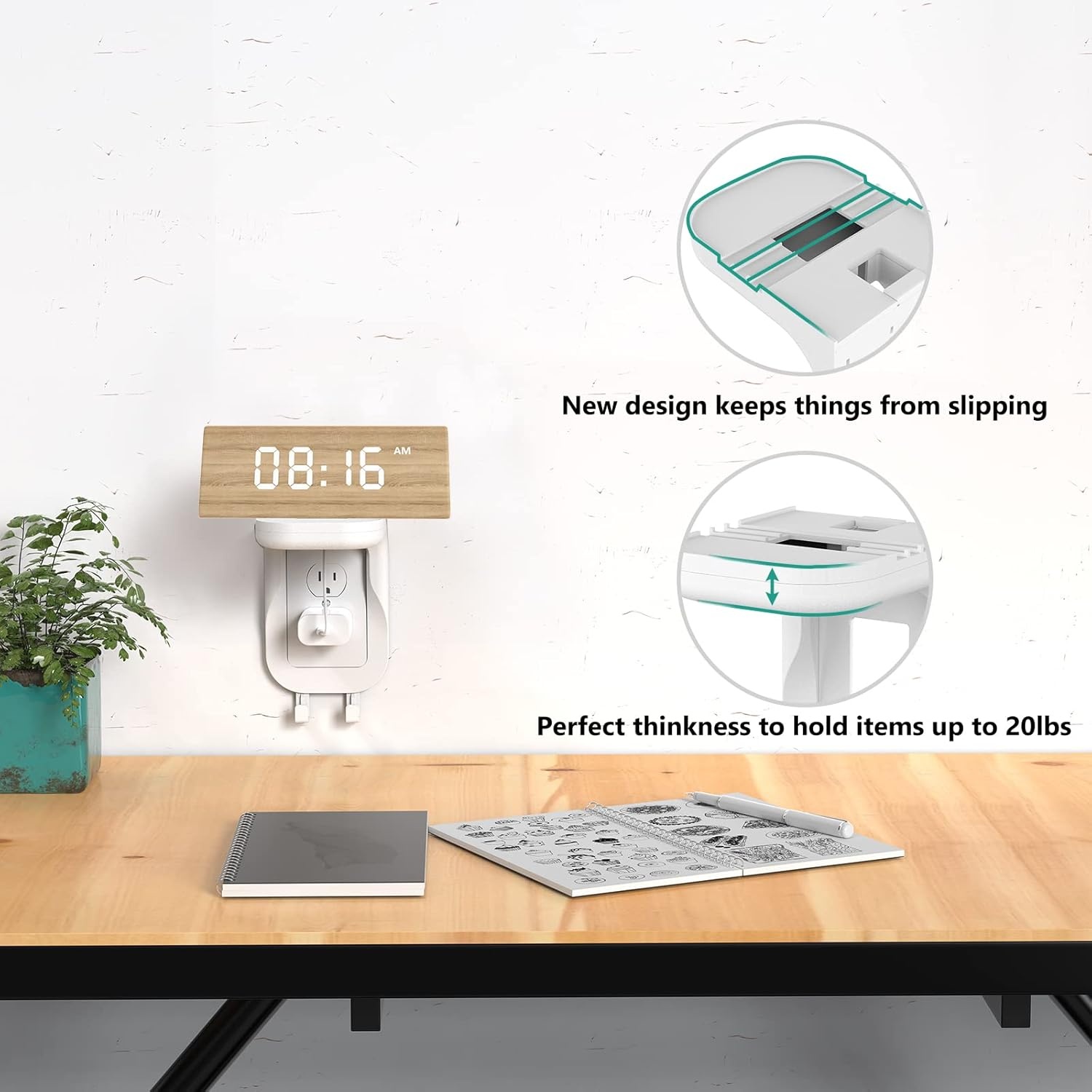 image:imageWALI Outlet Shelf Wall Holder Fit for Duplex GFCI Decorative Outlet Shell A Space Saving for Smart Home Speaker Mounts up to 20lbs with Cable Management OSH002W WhiteWhite2 Packs
