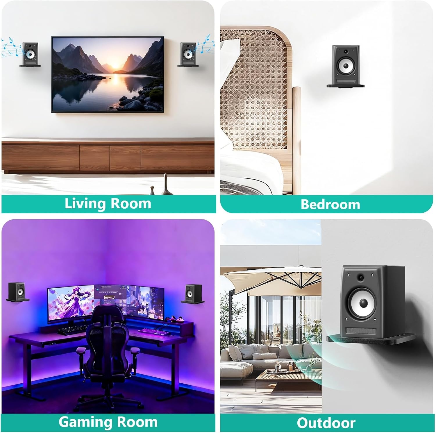 image:imageWALI Speaker Wall Mount Heavy Duty Bookshelf Speaker Floating Wall Shelves Surround Sound Speakers Stand for Living Room Home Theater and Gaming Room Holds up to 55 Lbs SWM302W 1 Pair WhiteBlack