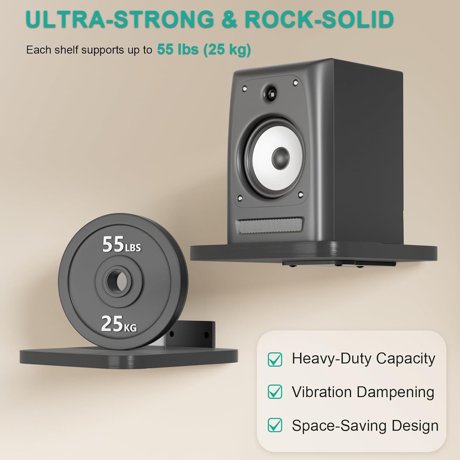 image:imageWALI Speaker Wall Mount Heavy Duty Bookshelf Speaker Floating Wall Shelves Surround Sound Speakers Stand for Living Room Home Theater and Gaming Room Holds up to 55 Lbs SWM302W 1 Pair WhiteBlack