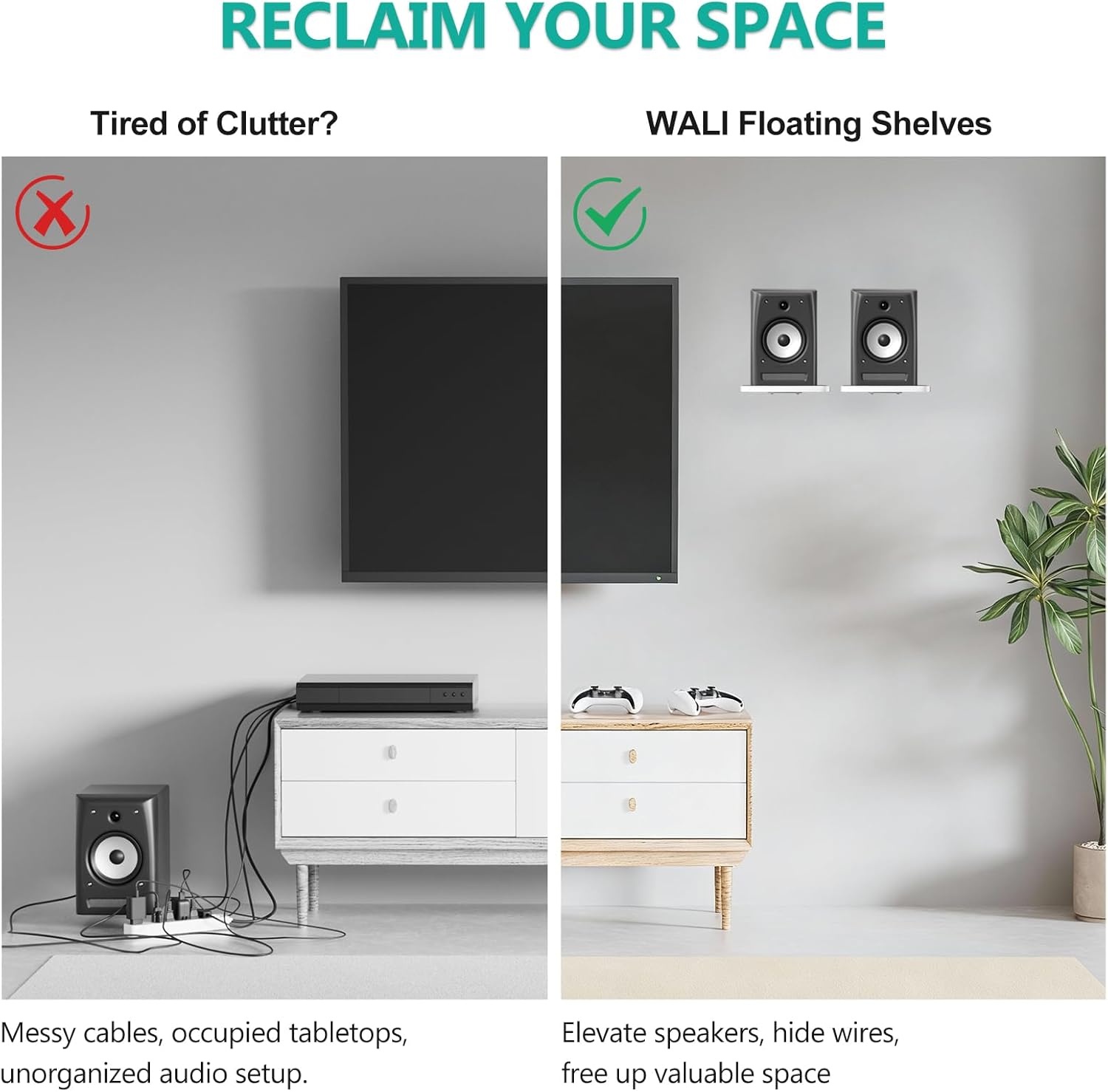 image:imageWALI Speaker Wall Mount Heavy Duty Bookshelf Speaker Floating Wall Shelves Surround Sound Speakers Stand for Living Room Home Theater and Gaming Room Holds up to 55 Lbs SWM302W 1 Pair WhiteWhite